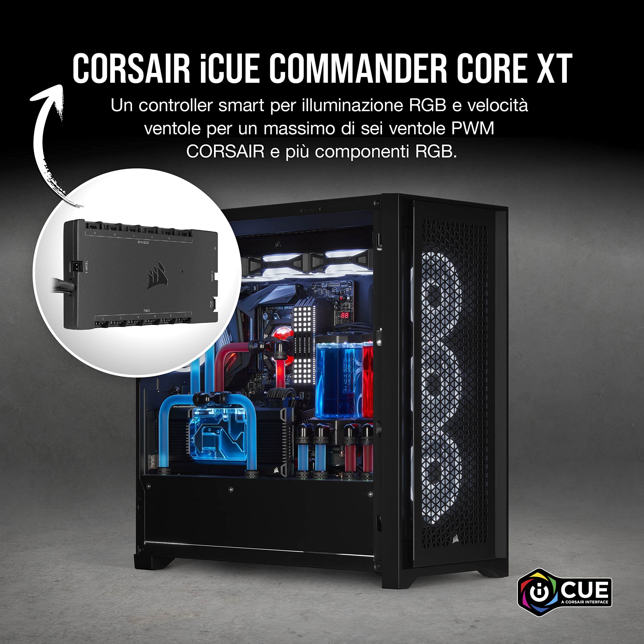 Corsair iCUE COMMANDER CORE XT, Controller digitale per la velocità delle ventole e l'illuminazione RGB (Fino a sei PWM ventole e 264 LED RGB, modalità Zero RPM, monitoraggio temperatura) Nero