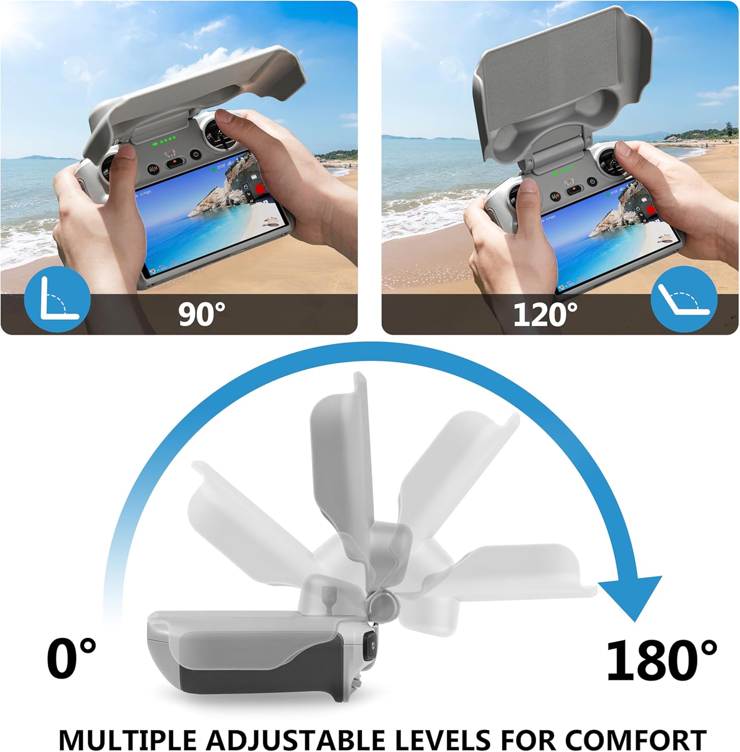 Image showing the sun hood adjusted to different angles (90 and 120 degrees) and a diagram illustrating its 0 to 180 degree adjustability.