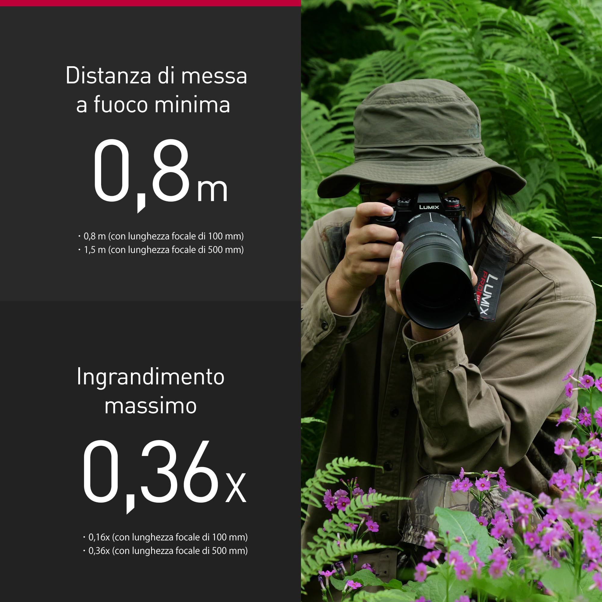 Panasonic LUMIX S-R100500E 100-500 mm F5-7.1 O.I.S. L-Mount, Teleobiettivo Zoom Full-Frame, Messa a Fuoco Ravvicinata 0,8 m, Ghiera di Messa a Fuoco Regolabile, Resistente alle Intemperie, Nero