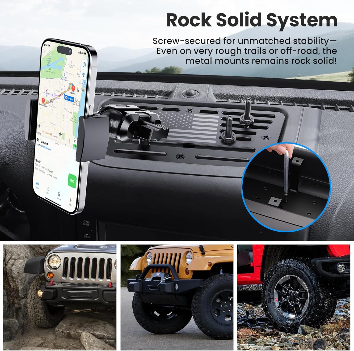 Upgraded Metal Phone Mount Compatible with Jeep Wrangler JK JKU 2018 2017 2016 2015 2014 2013 2012 2011 Accessories, Dash Phone Holder with Duck Mounts System Kit