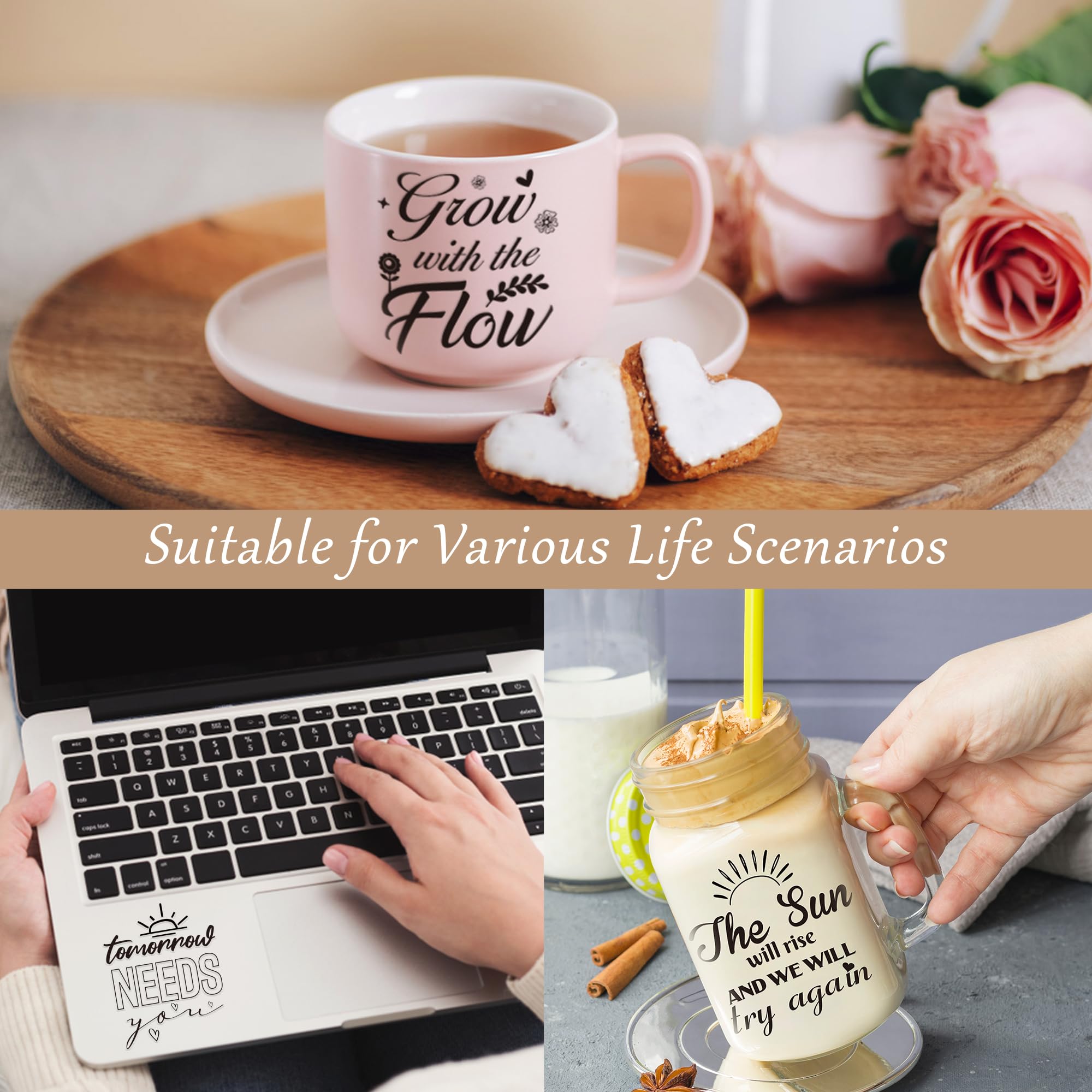 UV DTF - 6 Hojas De Envolturas De Tazas Temáticas Bohemias Para Vasos De 16 Onzas, Citas De Auto Motivación, Flor Blanca, Diseño De Arcoíris, Transferencia Impermeable, Regalos Creativos