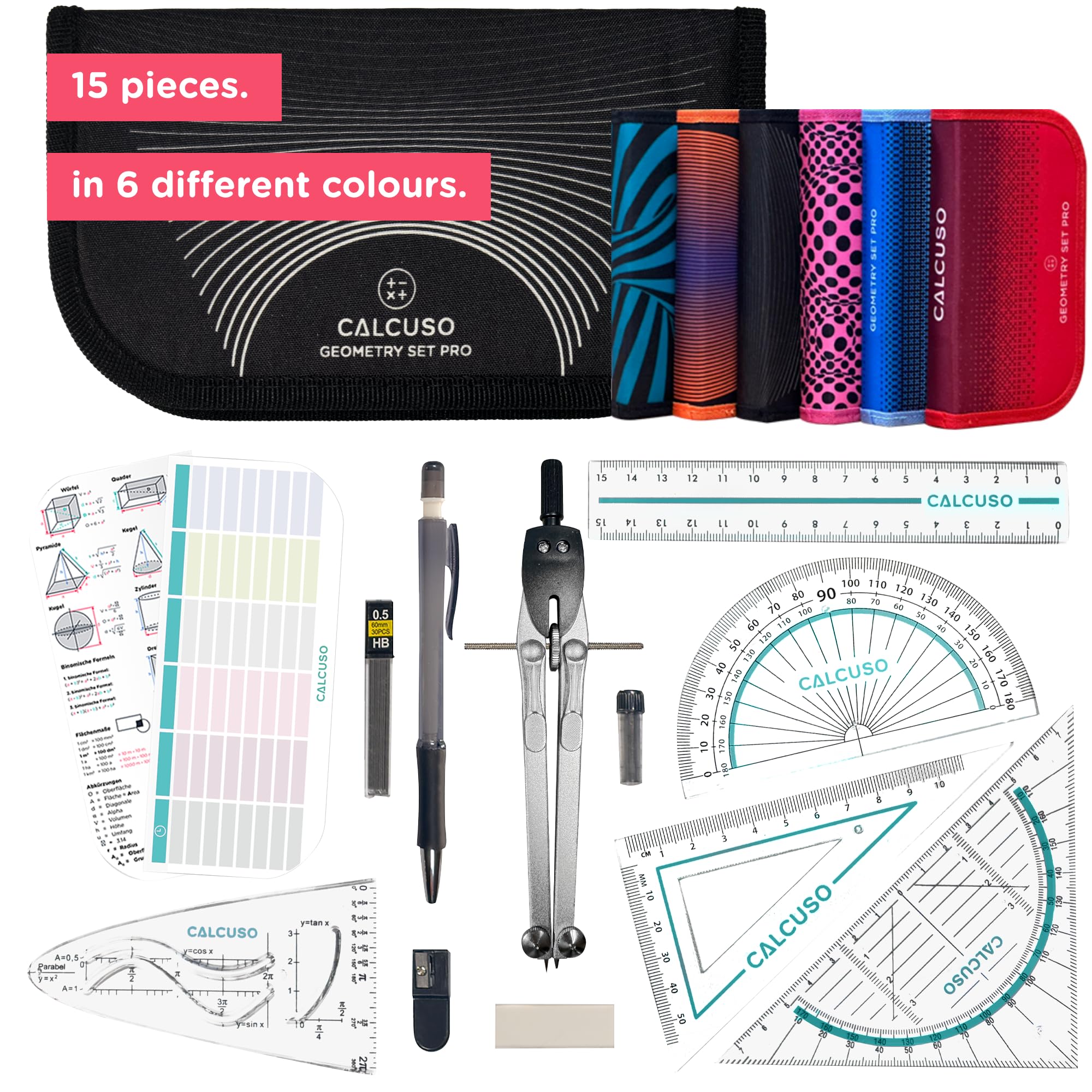 15-Piece Professional Maths Set & Geometry Sets for Secondary School – Compass Maths  Protractor and Compass Set – Premium Zipper Case in 6 Colours