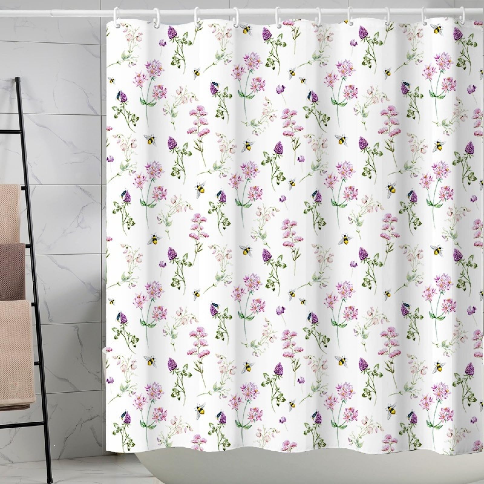Shower Curtains Purple Flower Bee Wet Room Shower Curtain Mould Proof Resistant Waterproof Polyster Fabric Washable with 12 Hooks Garden Bathroom Curtains (180x180cm)