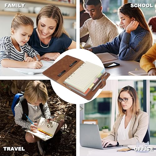 Vista 21 de FYY - Cuaderno de 6 anillos de piel sintética con bolsillos, divisores y papel de recarga, agenda de tamaño A5, color azul marmolado