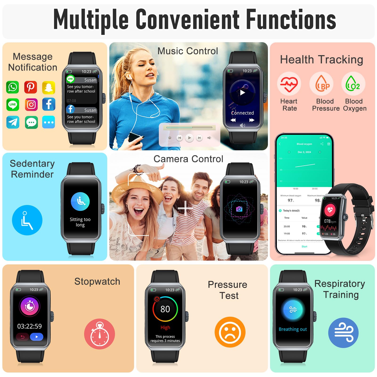 Fitness Tracker with 24/7 Heart Rate, Blood Pressure Blood Oxygen Sleep Monitor,103 Sports Modes Smart Watch IP68 Waterproof Activity Trackers, Step Counter Calories Pedometer for Women Men (Black) — view 2