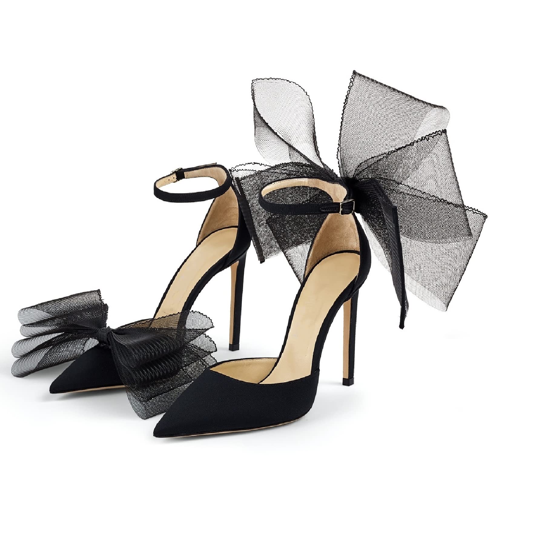 Women Stiletto High Heels Pumps with Asymmetric Grosgrain Mesh Bows Lace Ankle Strap Buckle Closed Pointed Toe Sexy Wedding Shoes Party Dressy Sandals