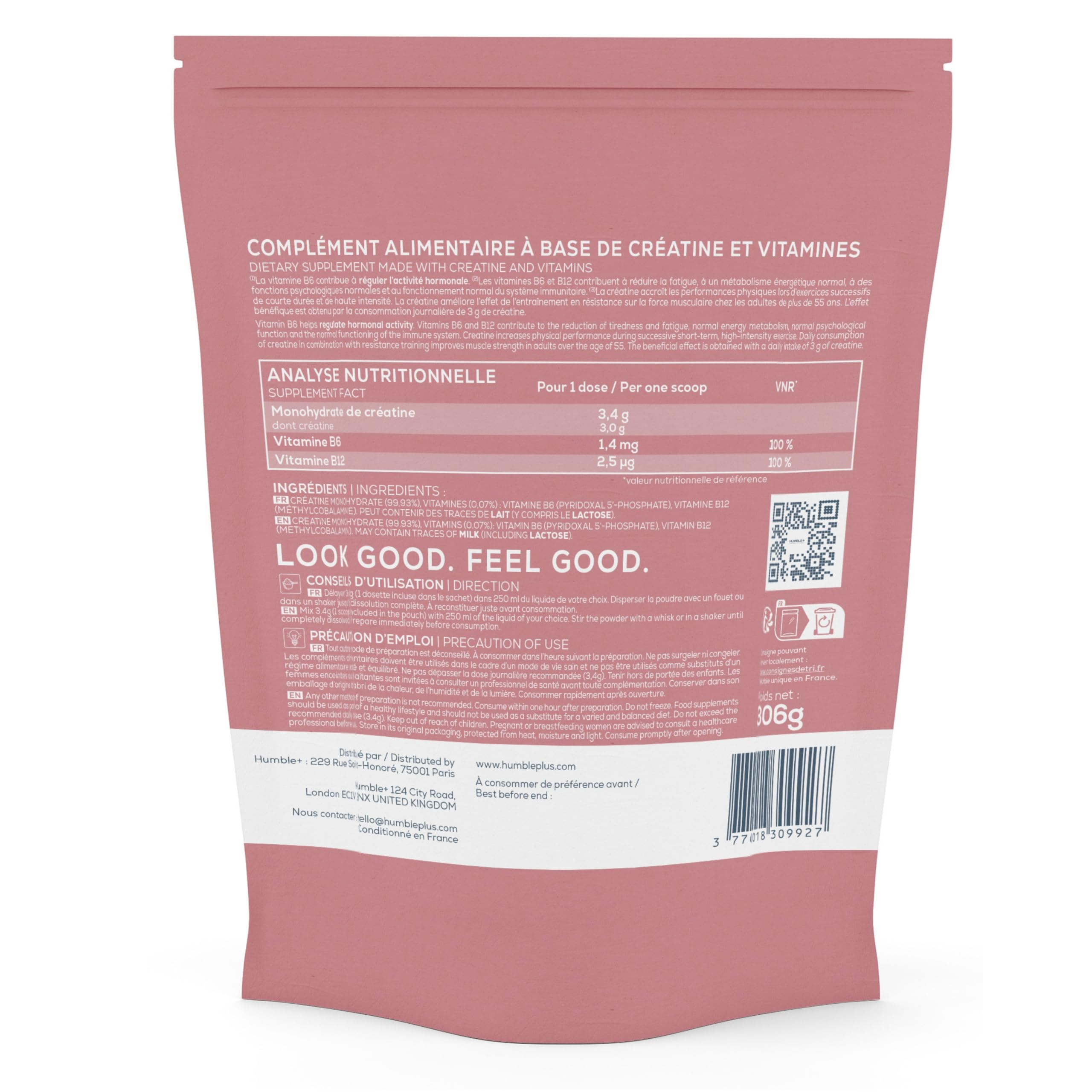 HUMBLE+ Créatine Glow Age-Well® - Créatine Monohydrate + Vitamines B6 et B12-310 g - 90 Portions - Marque Française