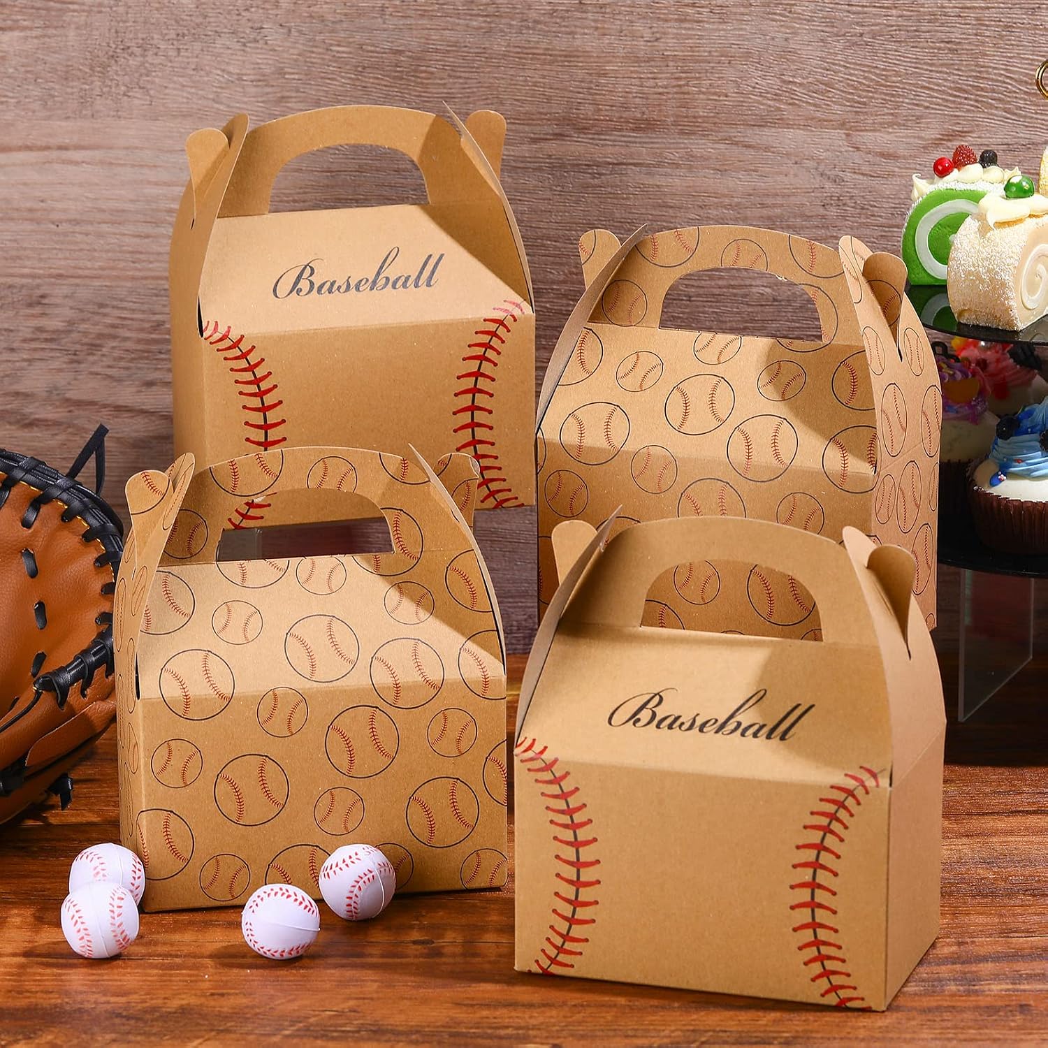 TaoBary 24 Pcs Baseball Treat Boxes Brown with Handle for Kids Team Party image 4