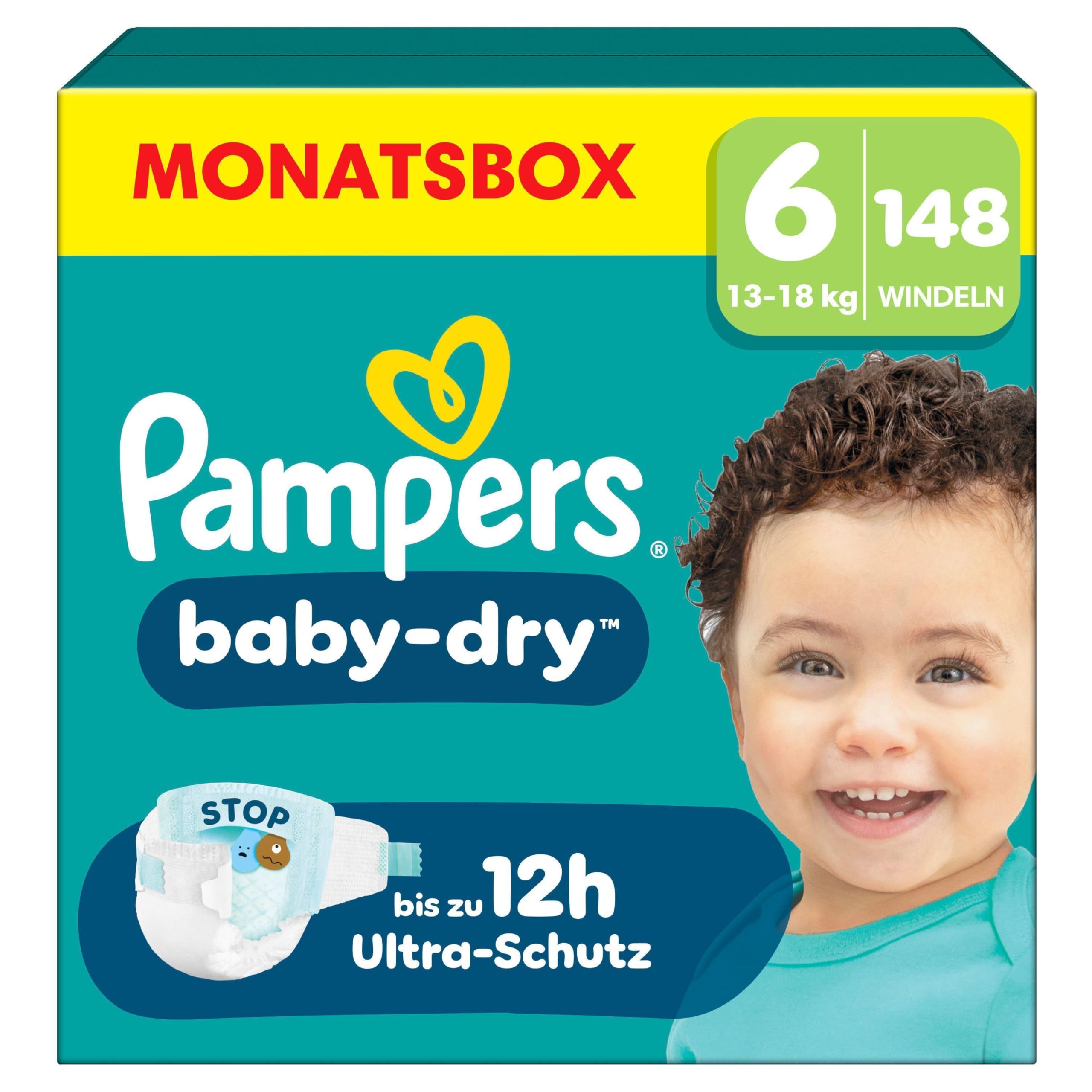 Pampers Baby-Dry Größe 6, 148 Windeln, 13kg-18kg, Bis zu 100% Auslaufschutz & Komfort die ganze Nacht