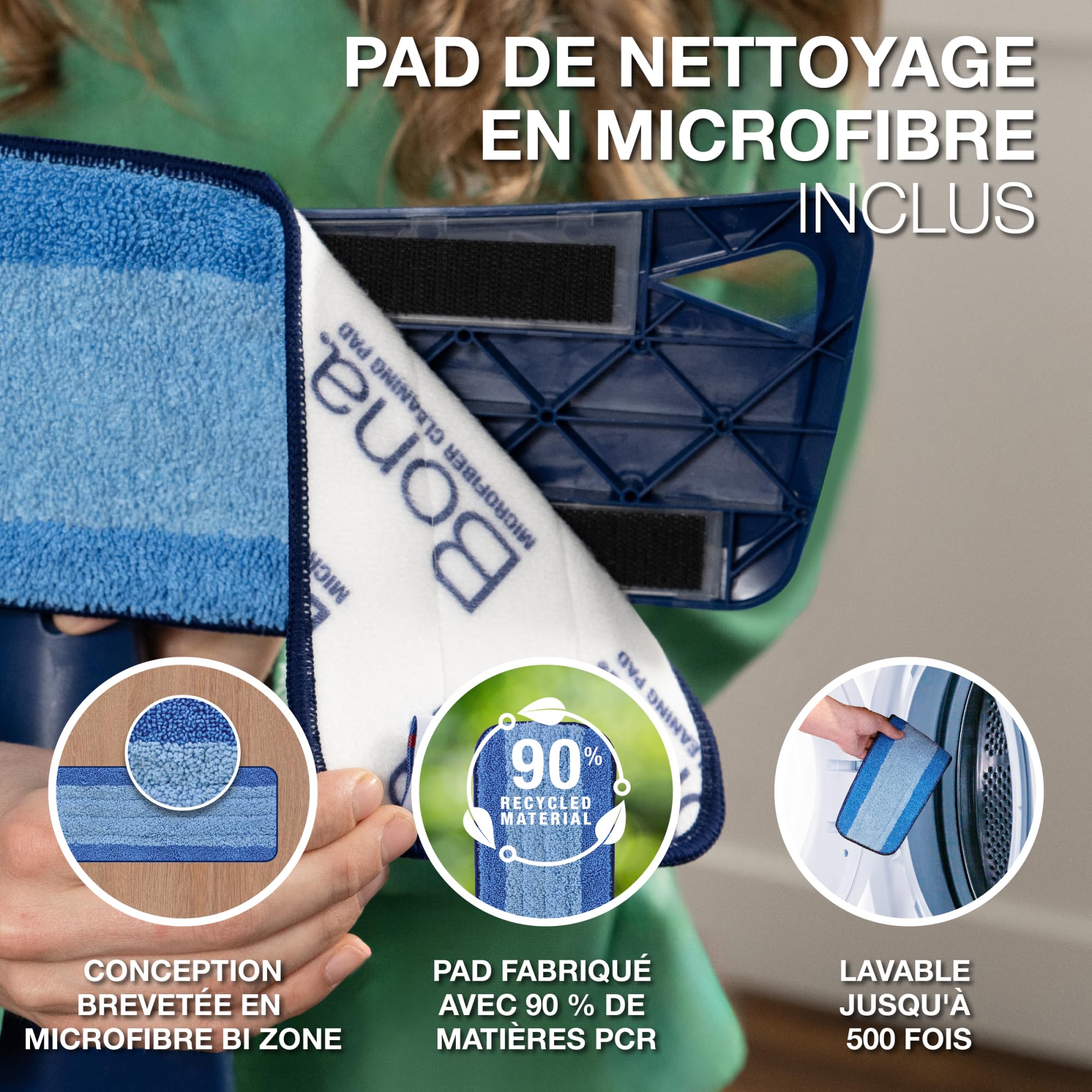 Balai Spray avec Reservoir - Bona + 850 ML Nettoyant Parquets + 2 Pads en Microfibre - Balai Serpillère Vaporisateur - Kit Nettoyage Sol - Balai Serpillere Professionnel, Bleu