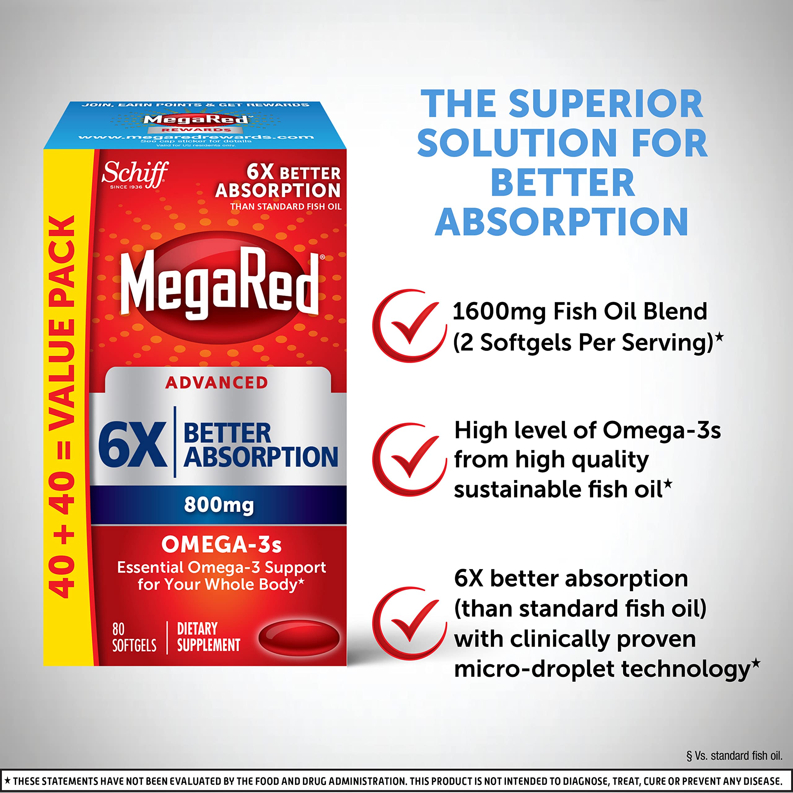 Omega 3 Fish Oil Supplement 800mg (per serving), MegaRed Advanced 6X
