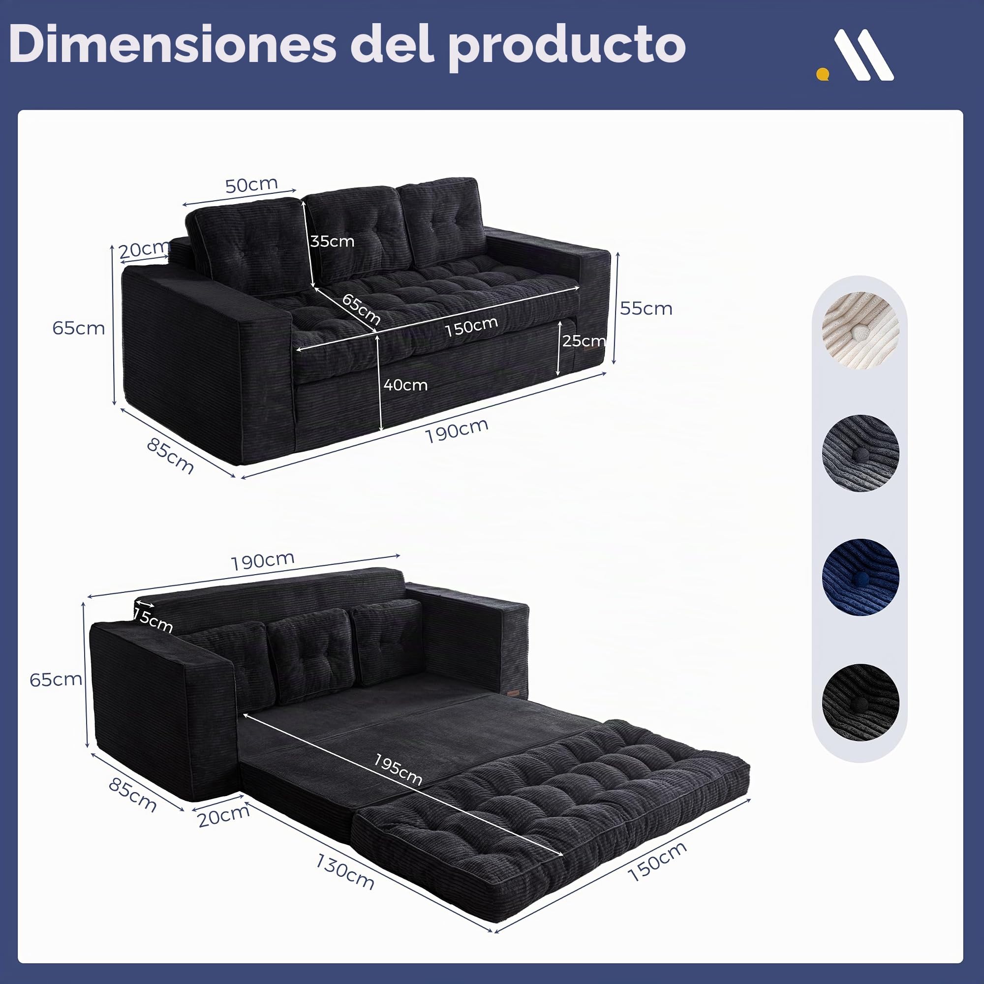 MAXYOYO Sofá Cama de Suelo de 190 cm de Ancho con Cojín, 2 en 1, Plegable, de Pana de 3 Plazas, con Función de Dormir, Superficie de Descanso 101 x 196 cm, para Salón, Dormitorio, Salón