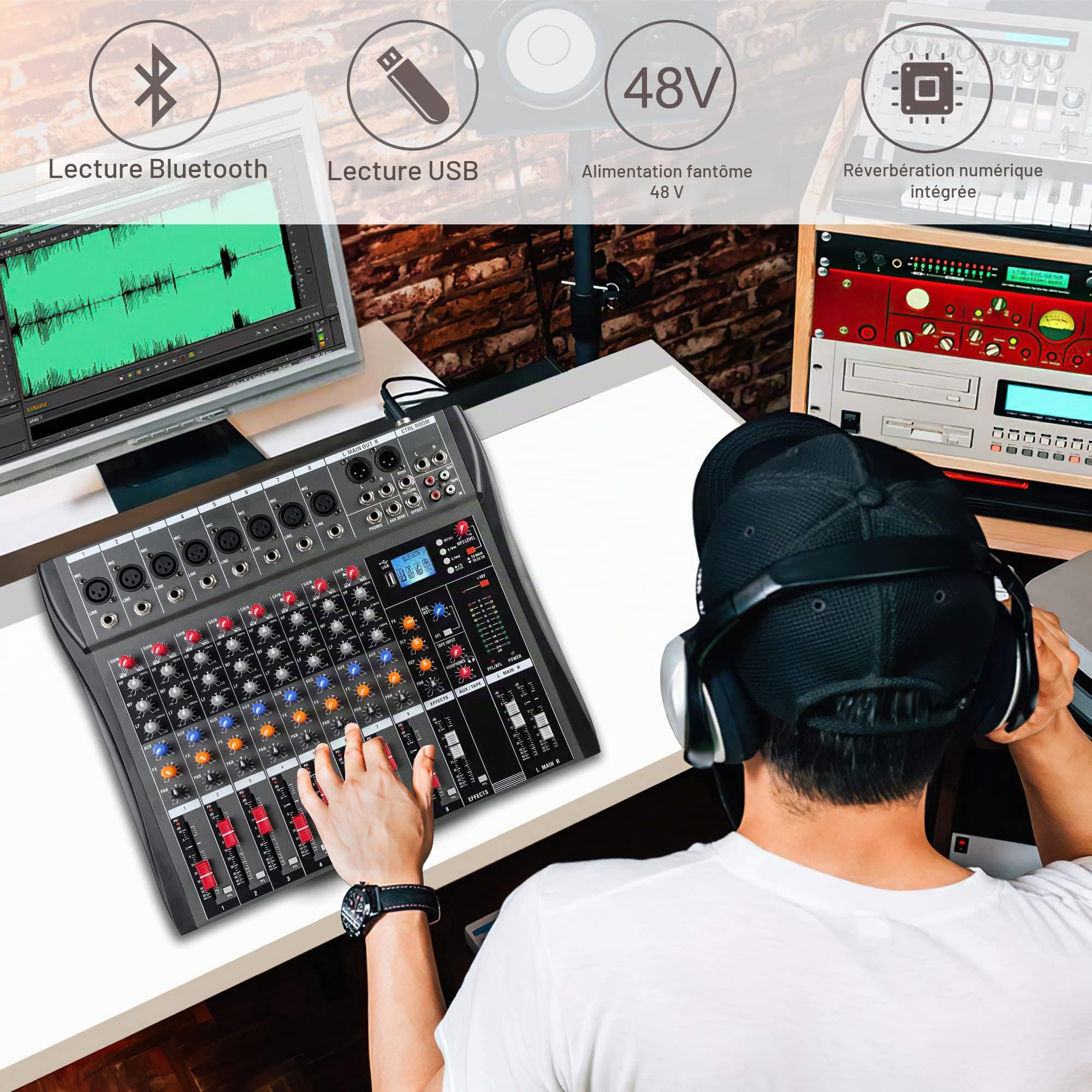 Table de Mixage Son Professionnel 8 Canaux Mixeurs DJ Console de Mixage Interface Usb de Contrôleur de Son, Mixeur Audio FX Effets Analogiques Et Alimentation Fantôme 48V Partageable Bluetooth ou MP3
