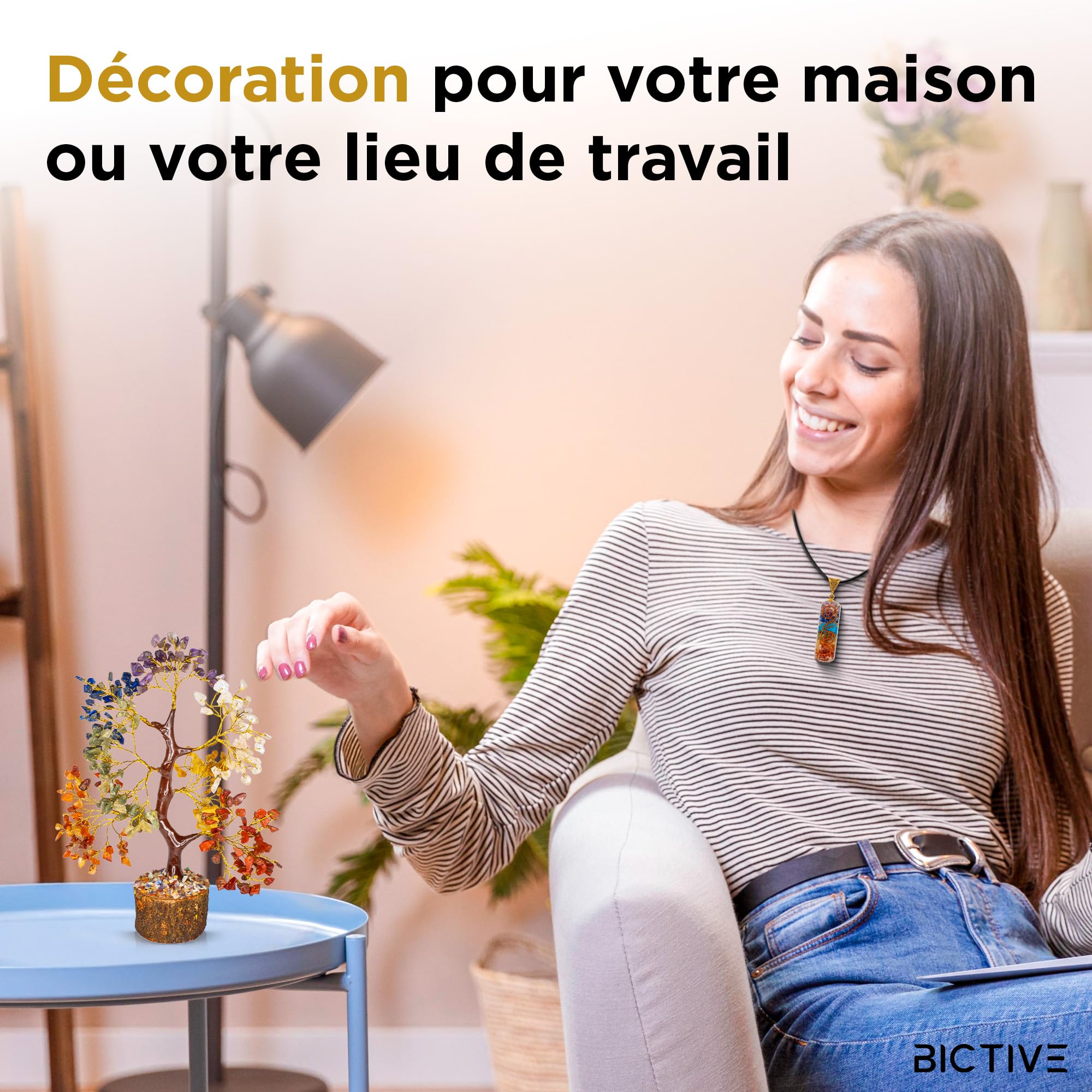 Arbre de Vie Pierre Naturelle et Pendentif. Arbre de Guérison 7 Chakras, Pierres Lithotherapie Décoration Méditation Spirituelle. Feng Shui Deco Maison Moderne. 300 Pierres Précieuses 25 cm