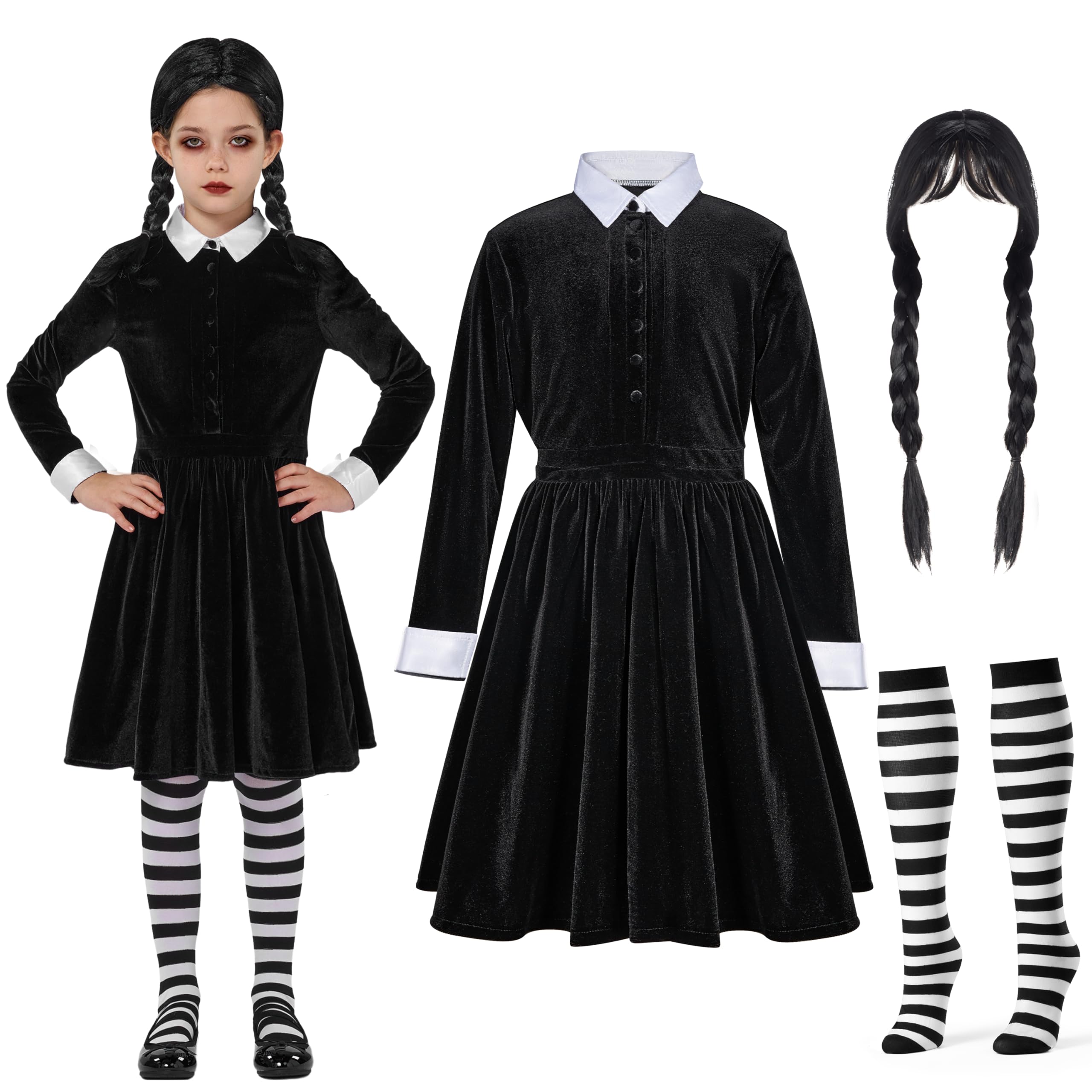 Spooktacular Creations Vestido Negro con Cuello para Niñas, Disfraz de Niña de Escuela de Manga Larga con Peluca, Vestido Skater de Terciopelo para Niños Pequeños en Halloween, Fiesta de Cosplay