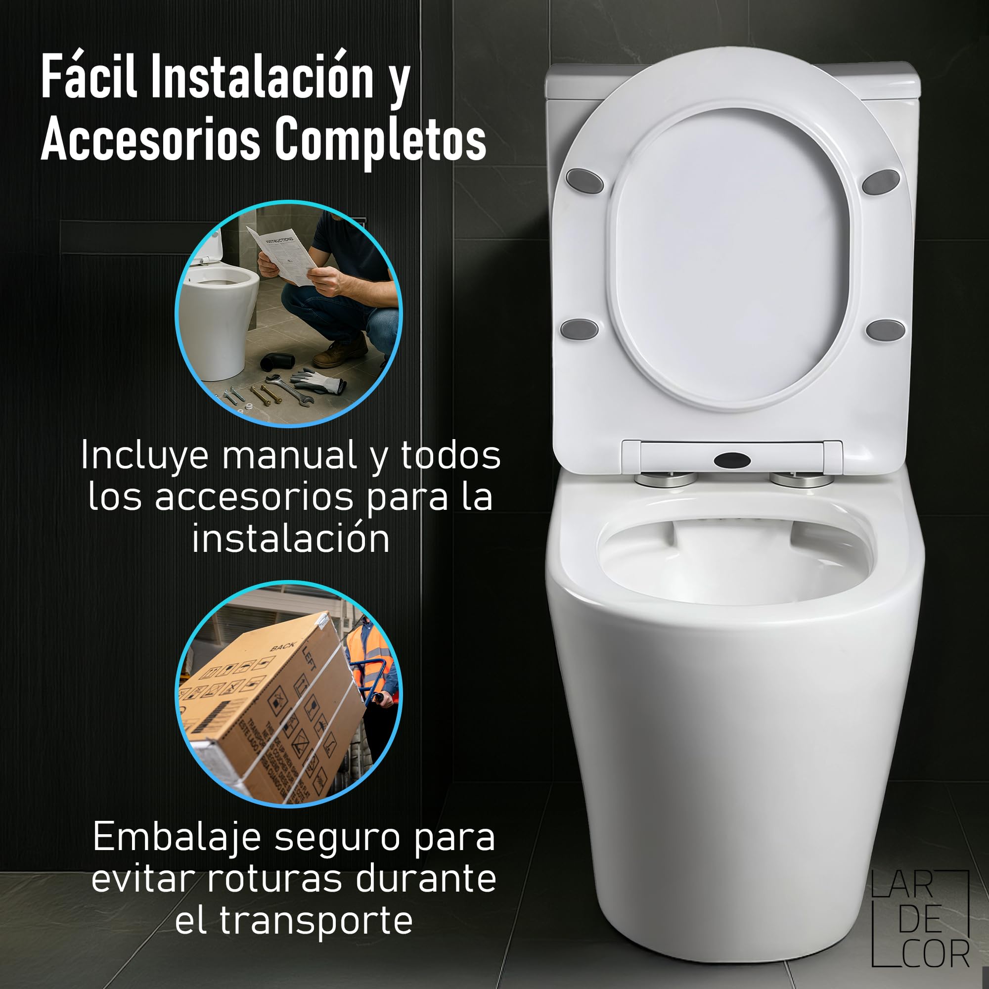WC Inodoro Completo con Sistema Rimless Antibacterias | 605×370×800 mm | Váter de Baño de Cerámica, Tapa Dura Extrafina UF Amortiguada, Retrete de Doble Descarga y Ahorro de Agua (Blanco)