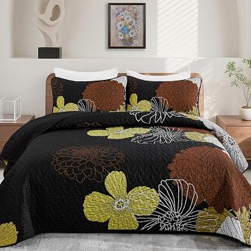 Anibedding King Size Quilt, Black Floral Bedspread King Size Boho Farmhouse Flower Bedding Quilts Set with 2 Shams, 3 Pieces Soft Microfiber Lightweight Coverlet Set for All Season 110"x90"