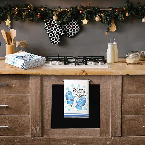 Miniatura 5 de Preboun 6 toallas de cocina de invierno con diseño de muñeco de nieve y gnomo, paños de té de copo de nieve azul, toallas de secado a mano de