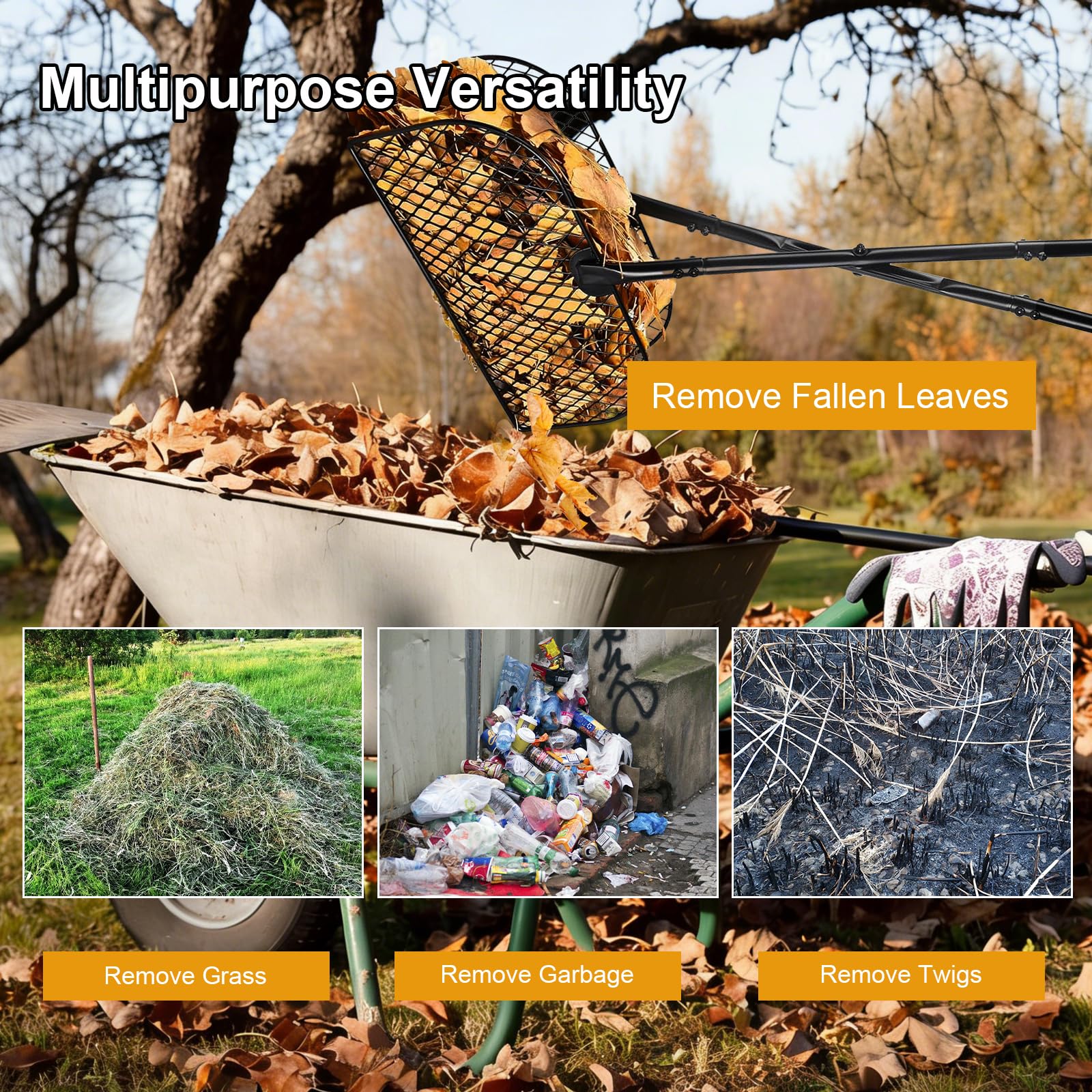 Rastrello per foglie con manico lungo, raccoglie foglie da giardino, in metallo, con rastrello in metallo largo 40 cm, per raccogliere foglie, erba
