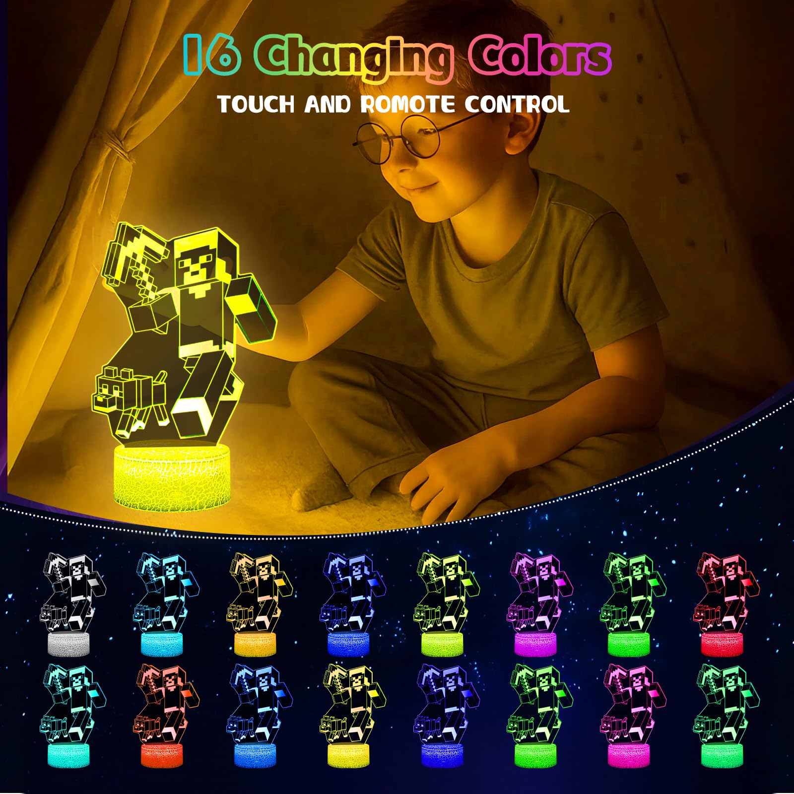 Eygerur 2 Pezzi Minec Luce Notturna Bambini, Regalo de Minec per Bambini 2 3 4 5 6 7+ anni,Minec Lampade 3D Illusione Lamp con 16 Cambi di Colore, Regali di Natale Compleanno per Ragazza, Ragazzo