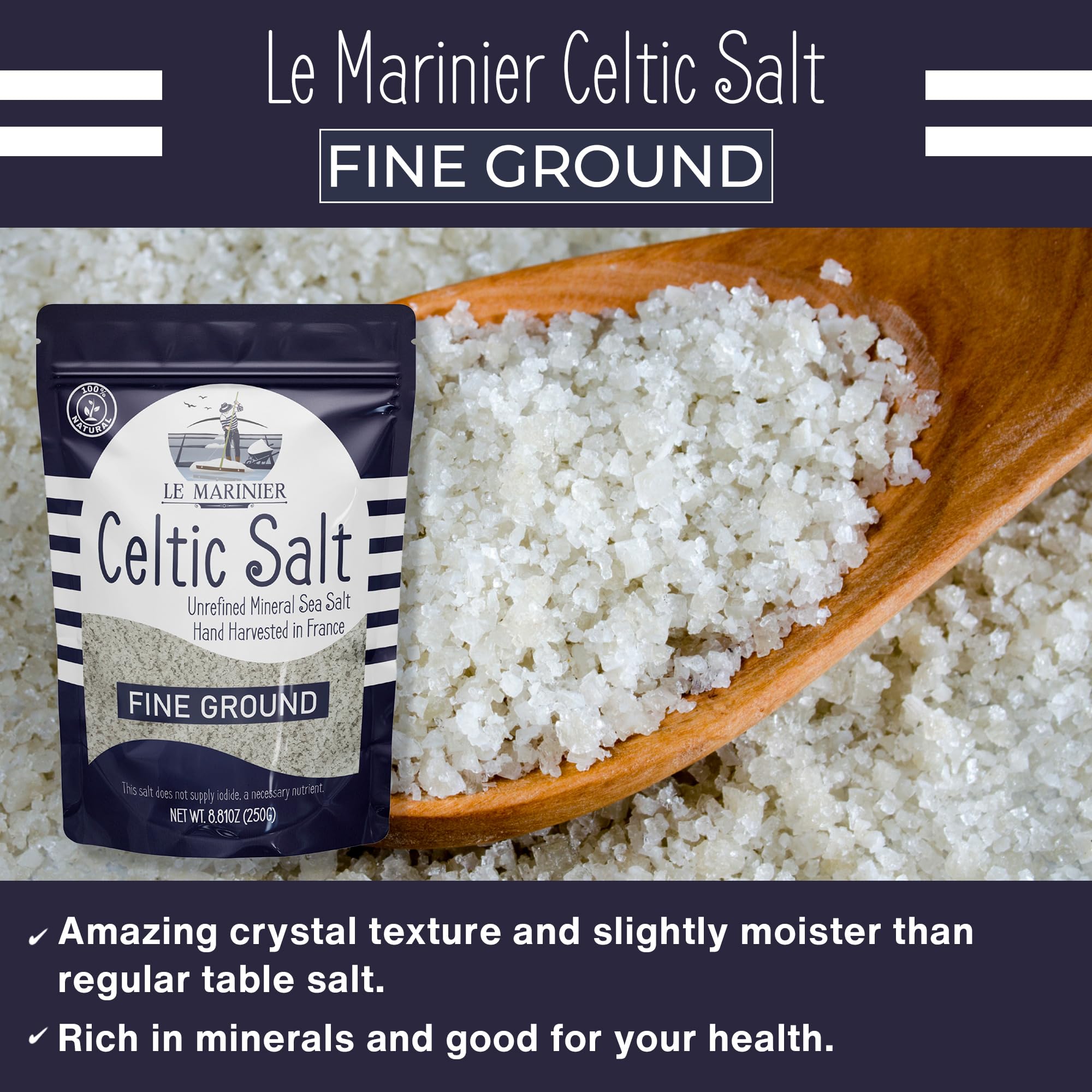 Le Marinier French Sea Salt Fine Ground, 8.81oz – 0.6lb. Mineral Rich 100% Natural and Unrefined Sea Salt Organic Mineral Fine Ground. Hand Harvested Mineral Salt (0.6lb Fine Ground)
