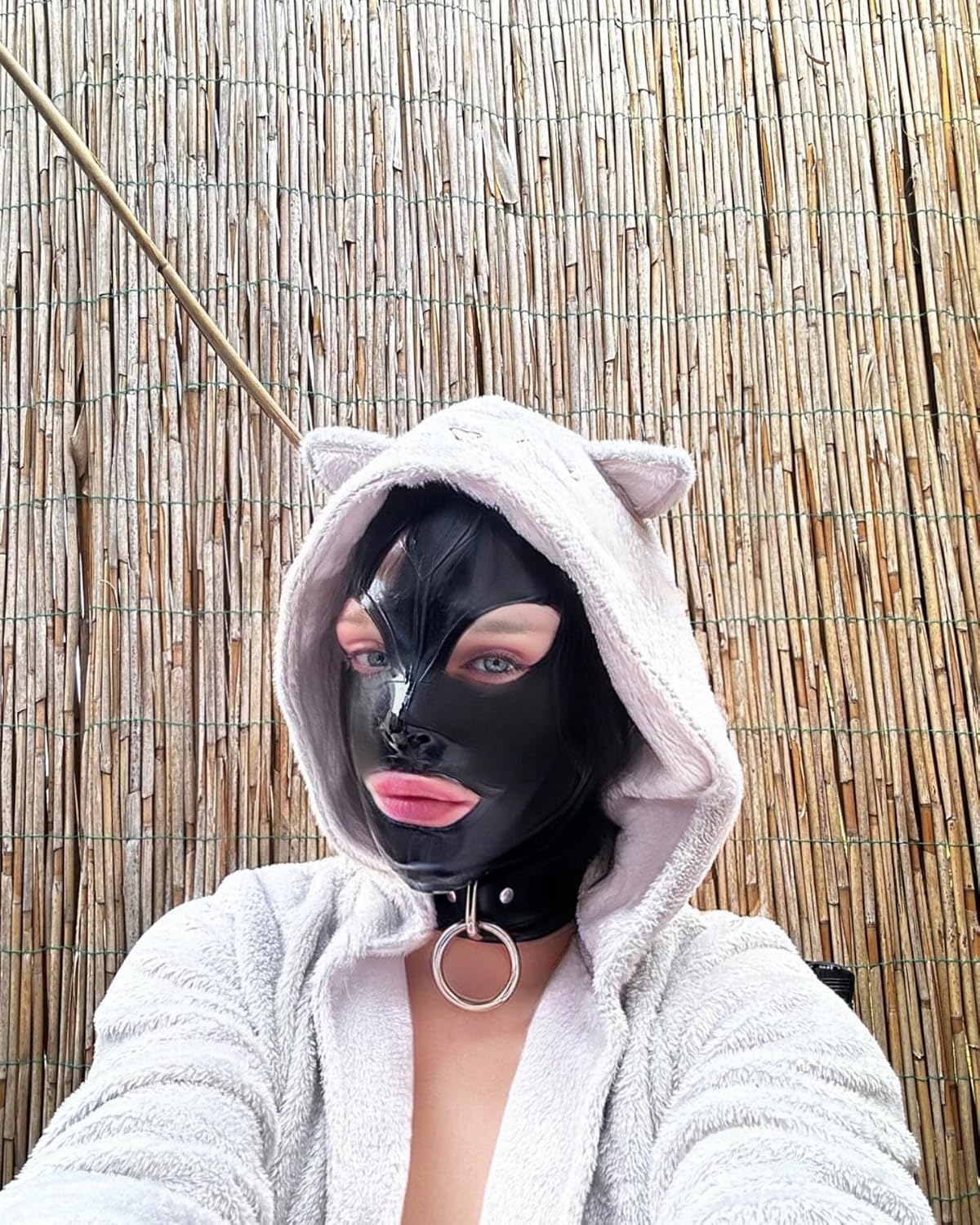 MFMYEE Bondage Latex Mask, BDSM Mask Fetish Head Hood Latex Cosplay Zipper Back, Open Eyes Mouth Face Cover (Black)
