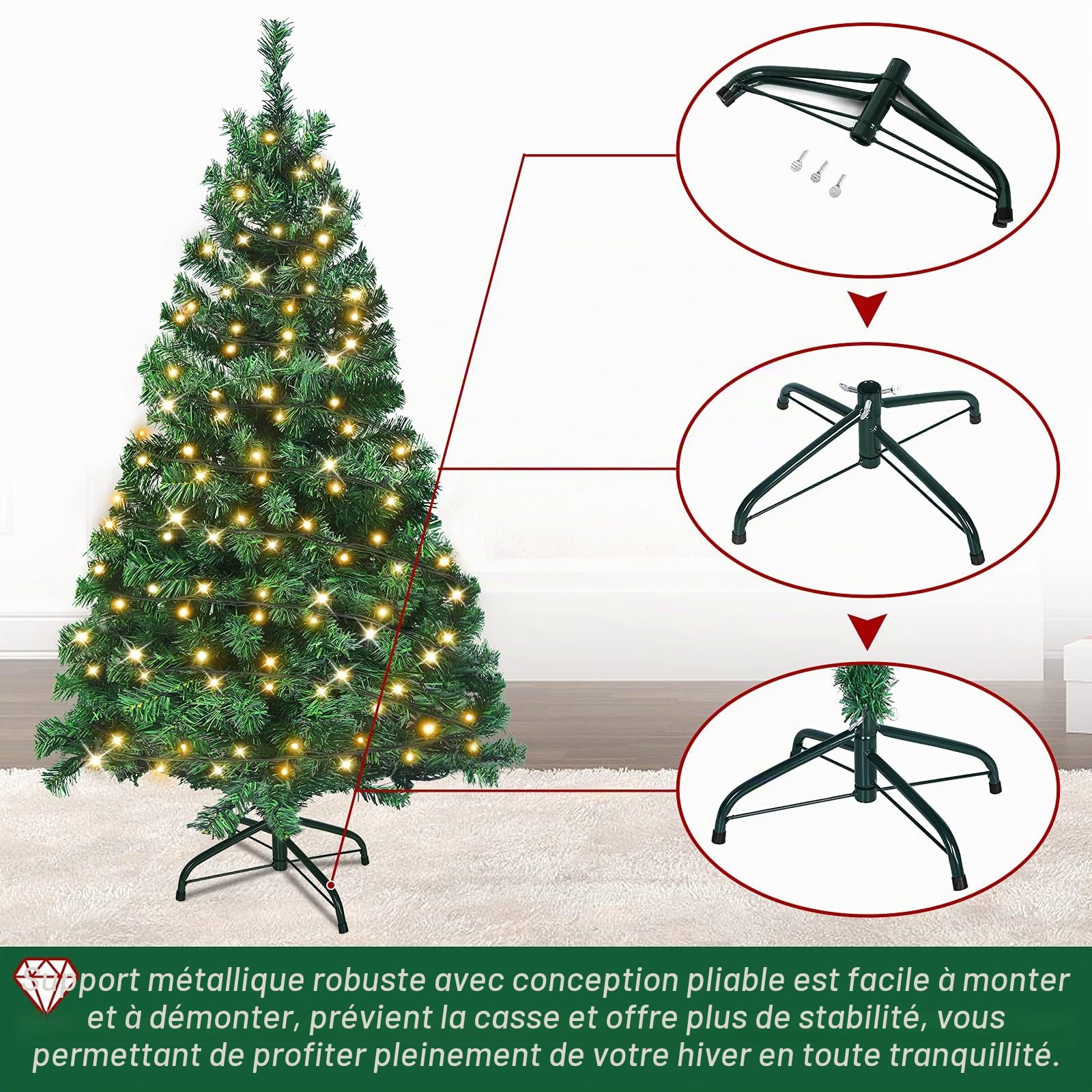 UISEBRT Sapin de Noël Artificiel avec Lumineux LED, Support en Métal 350 Lumières, Sapin Artificiel en PVC pour Décoration de Noël (210cm)