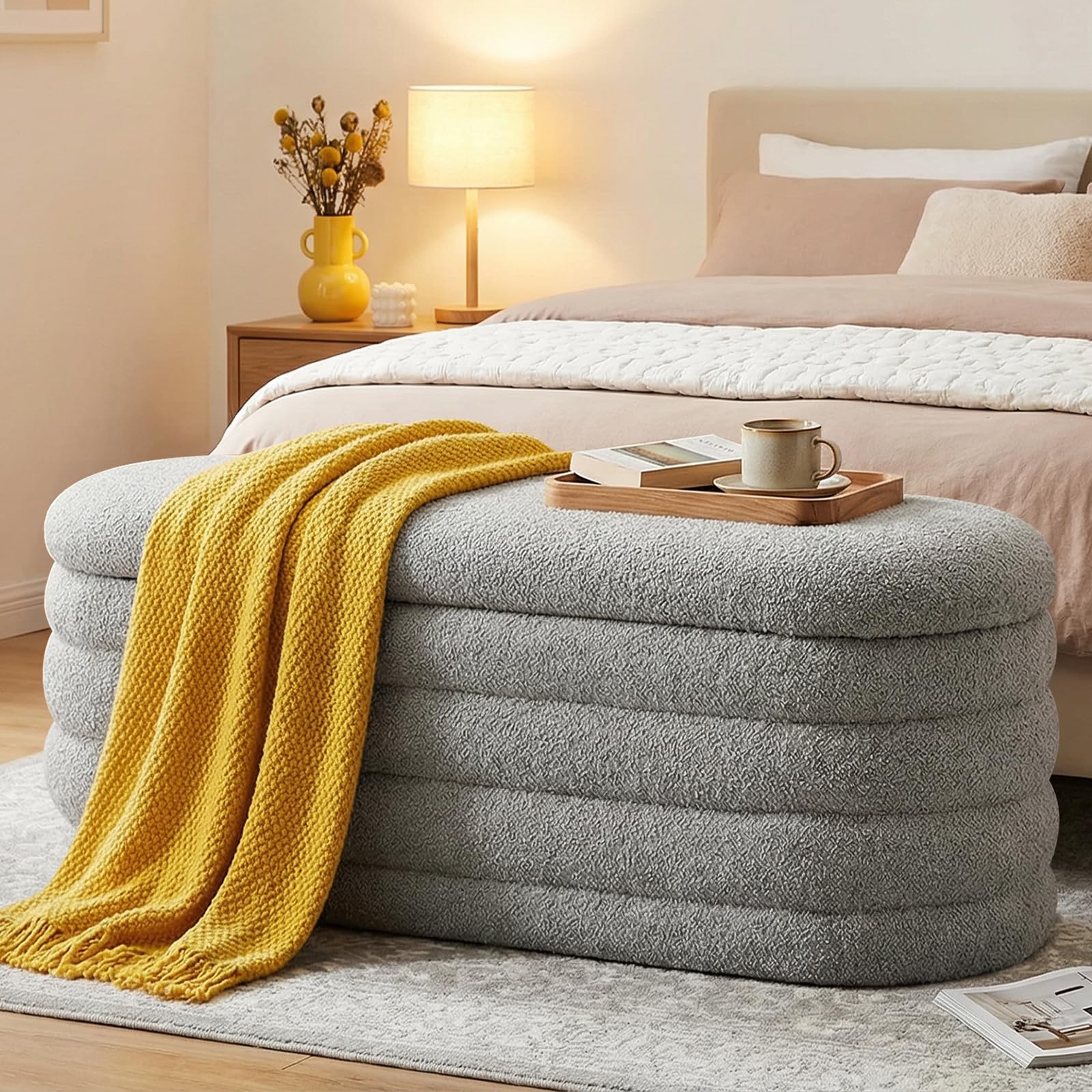 Furniliving Storage Ottoman Bench, 45'' Upholstered Boucle Ottoman with Storage, Aesthetic Bedroom Bench for Living Room Entryway, Grey
