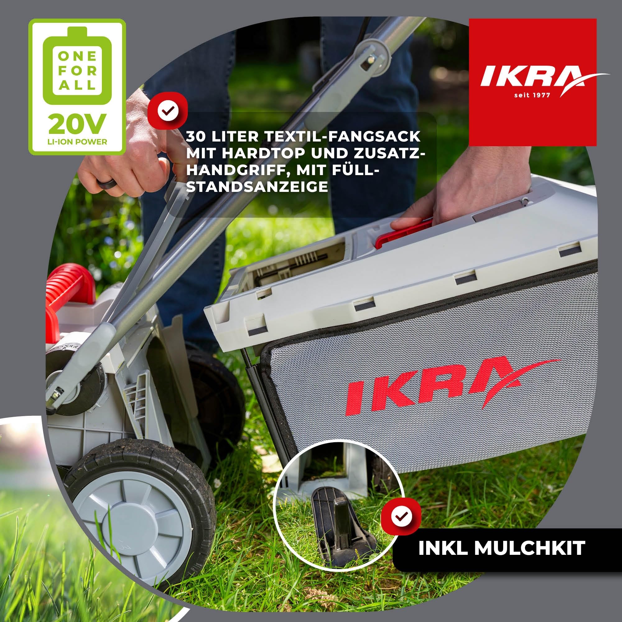 IKRA Rasenmäher ICM 2033, Breite 33cm, inkl. 2 Akkus 20V & Ladegerät | Schnitthöhe 25-75mm, Mulchmäher für Rasenflächen bis 150m², Holm höhenverstellbar, Fangsack 30l, 20V-Akku-Familie von IKRA