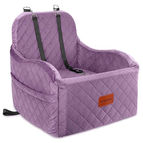 Lealchum Dog Booster Car Seat for Small/Medium Dogs,Puppy Portable Car Bed with Elevated Cushion,Fully Detachable and Washable,2 Storage Pockets,Easy to Install (Purple, Medium) - Purple - Medium