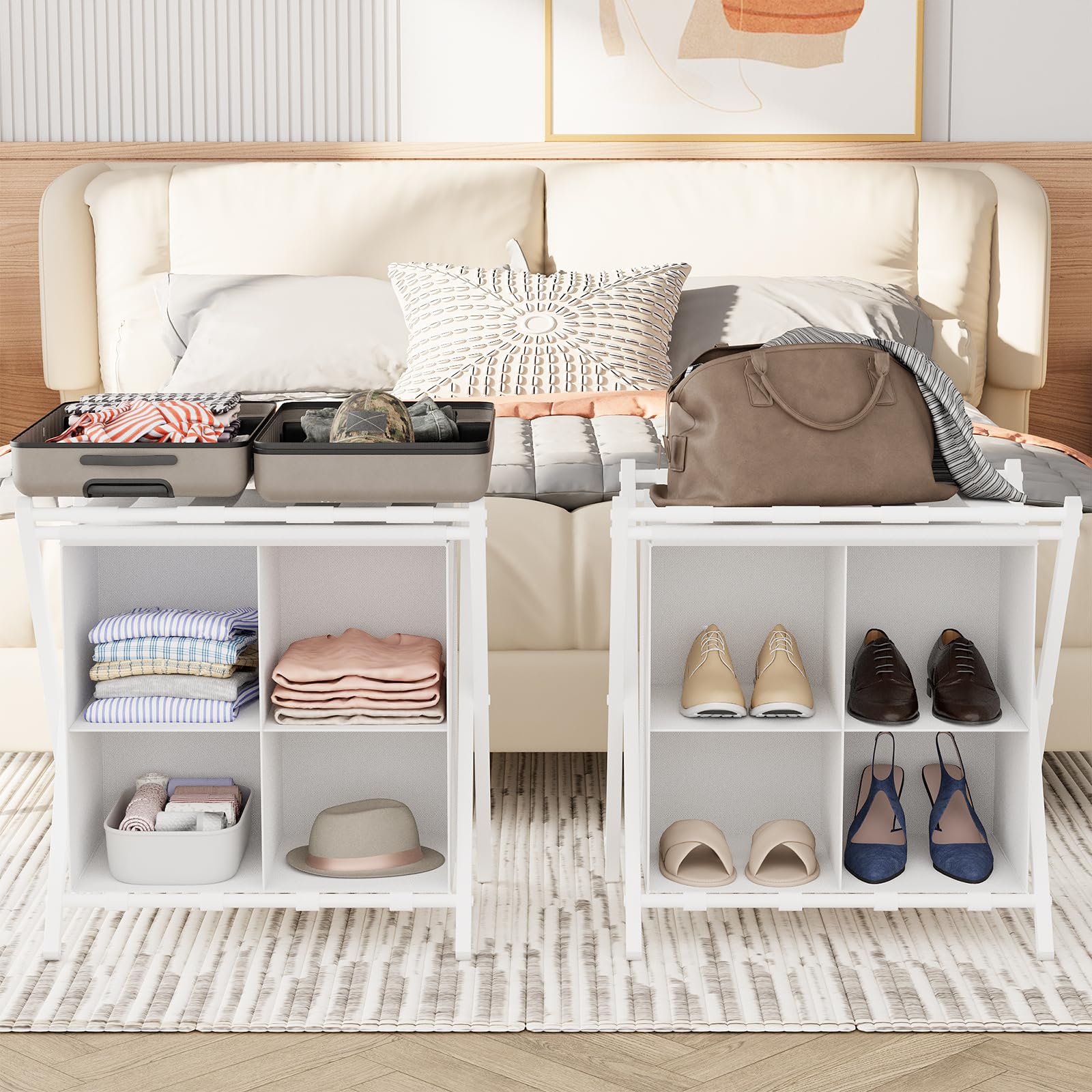 aboxoo 2 Pack Luggage Rack with storage, Guest Room Folding Suitcase Stands, Holds up to 120 lb, Space Saving Suitcase Holders for guest room, Bedroom