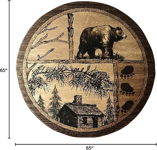 Miniatura 2 de Alfombra redonda estilo cabaña con diseño de oso grande, alce de campo, beige, marrón, verde, 362 (5 pies 5 pulgadas x 5 pies 5 pulgadas)