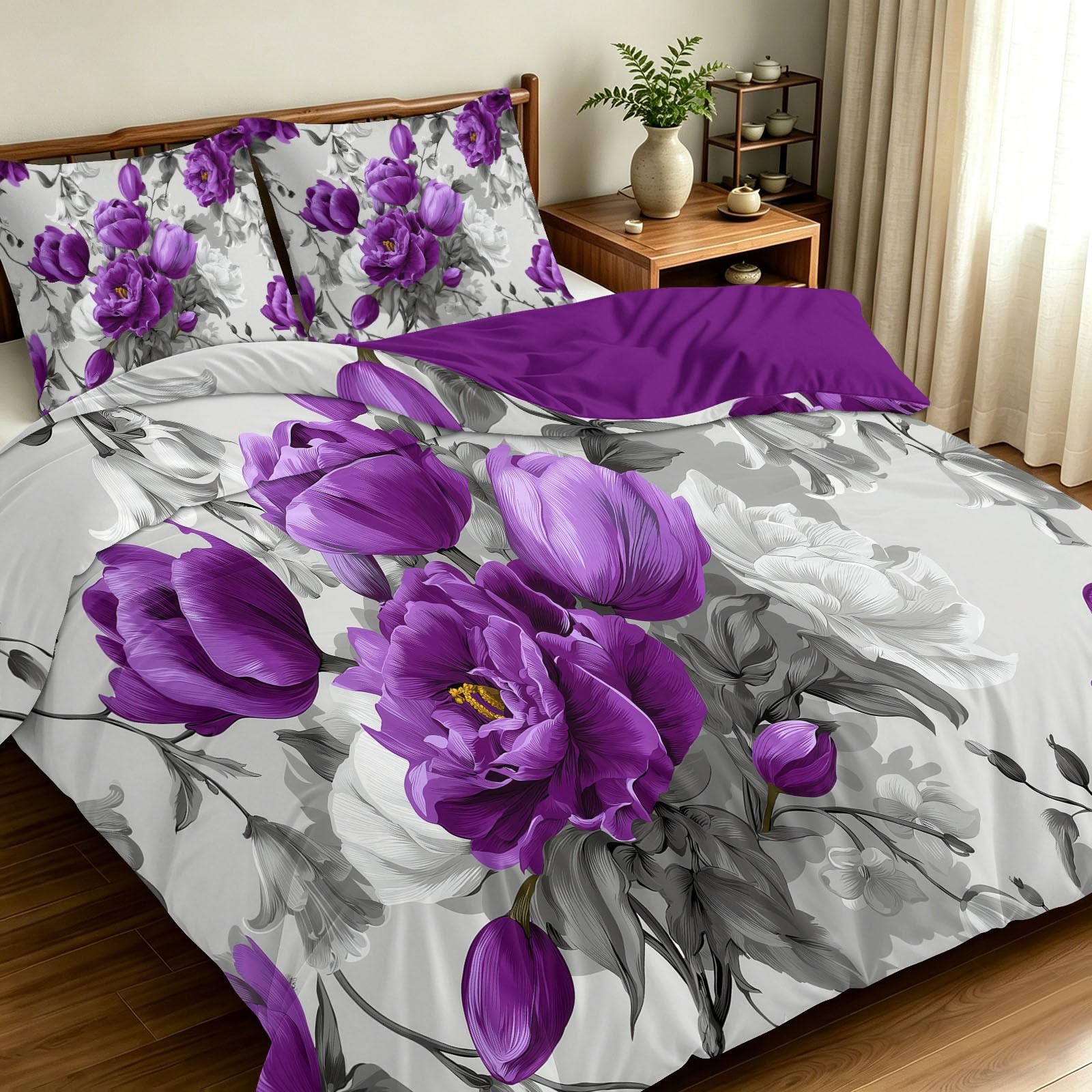Housse de couette respirante et hypoallergénique 200x200 cm aux doux motifs de tulipes roses
