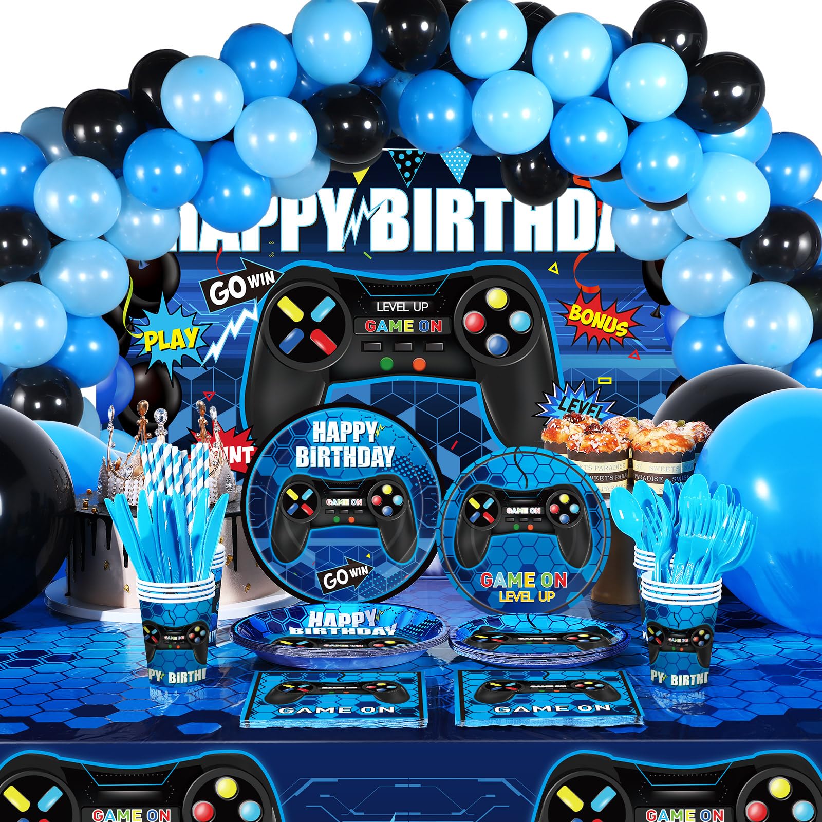 Tatuo 152 Pieces Video Game Birthday Party Supplies Gamer Party Table Cover Happy Birthday Gaming Backdrop Banner Video Game Theme Tableware Sets and Gaming Balloons for Boys Men Birthday Party (Blue)