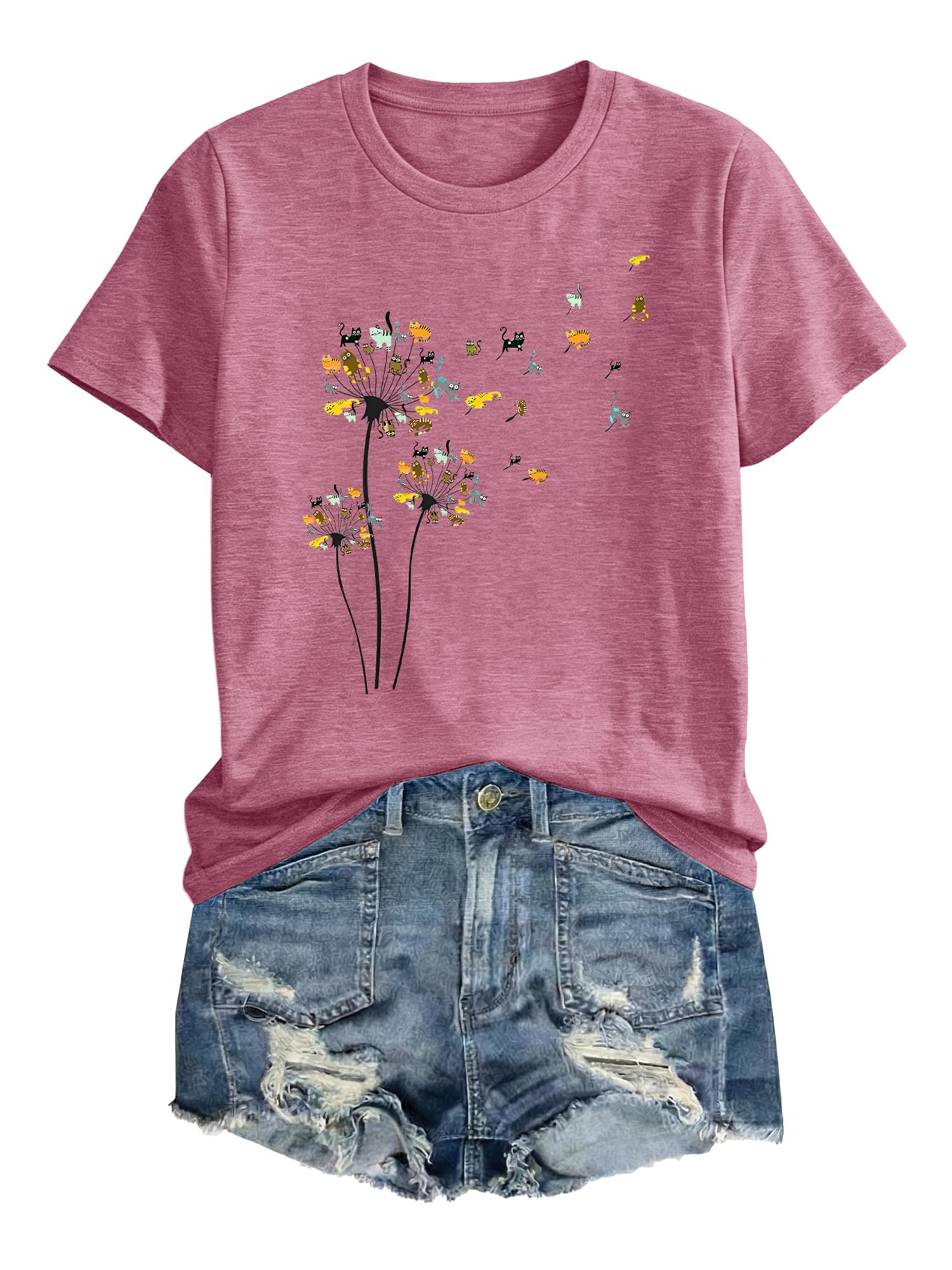 Anbech Women Dandelion Print T Shirts Summer Short Sleeve Graphic Tees | Cute Dandelion Paw Print Tshirt Casual Crewneck Loose Fit Flower T-shirts Teen Girls Colorful Comfy and Soft Daily Wear