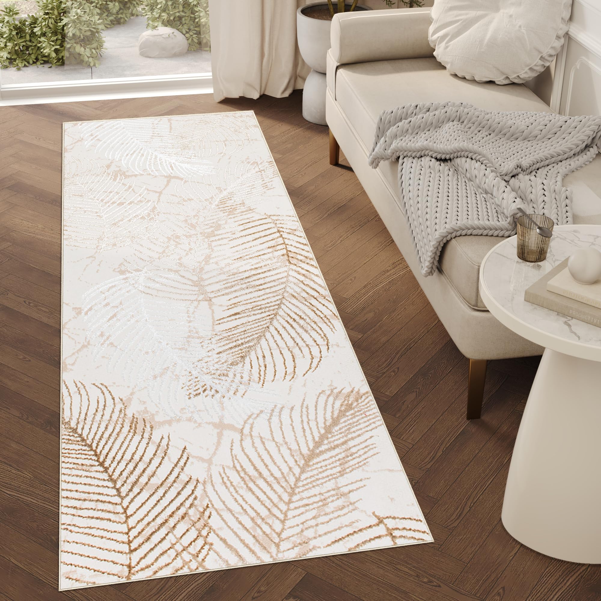 TAPISO Crystal Läufer Teppich Glänzend Gold Beige Braun Blätter Palmenblätter Wohnzimmer Schlafzimmer Flur Korridor Modern Design ÖKO-TEX 70 x 350 cm