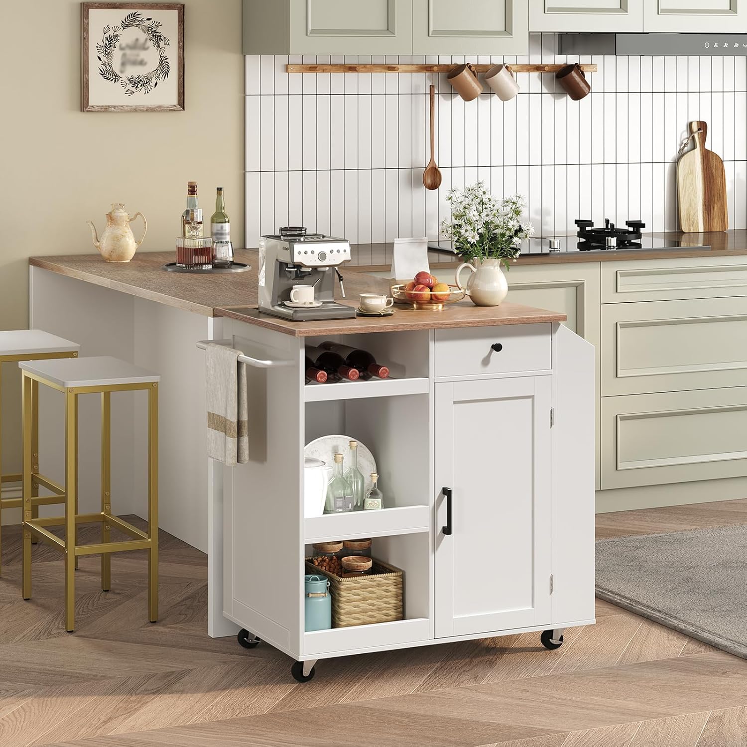 Bakers Rack with Drawer and Kitchen Island with Power Outlet Bundle, Rolling Kitchen Cart, BRHR48E01-KIBZ122E01