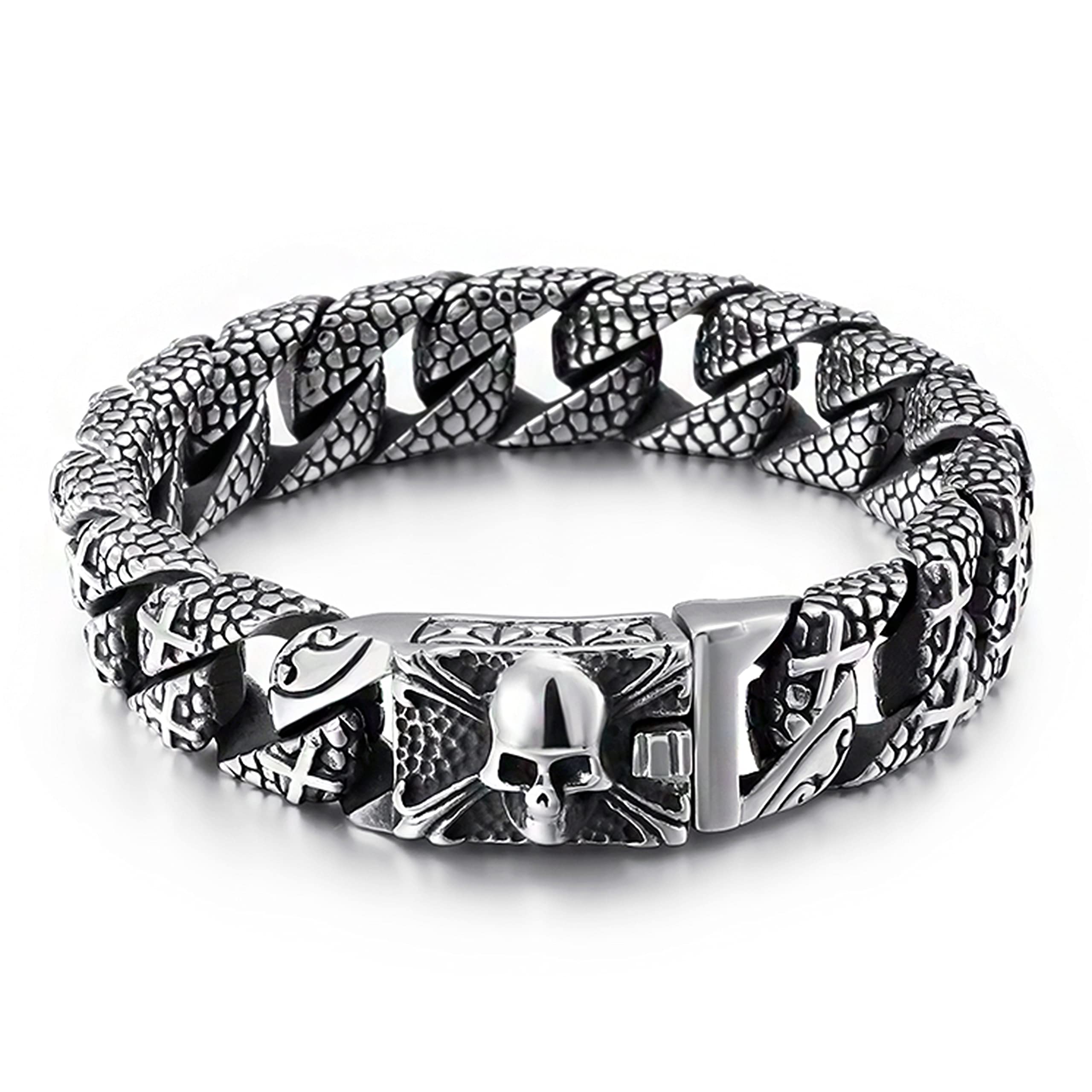 UNIQAL | Königsarmband Edelstahl Panzerkette mit Schädel "HALL OF VALHALLA" Mens Skull Gliederkette Fahrradkette mit Totenkopf | Motorradkette Bracelet | Gratis Geschenk Box