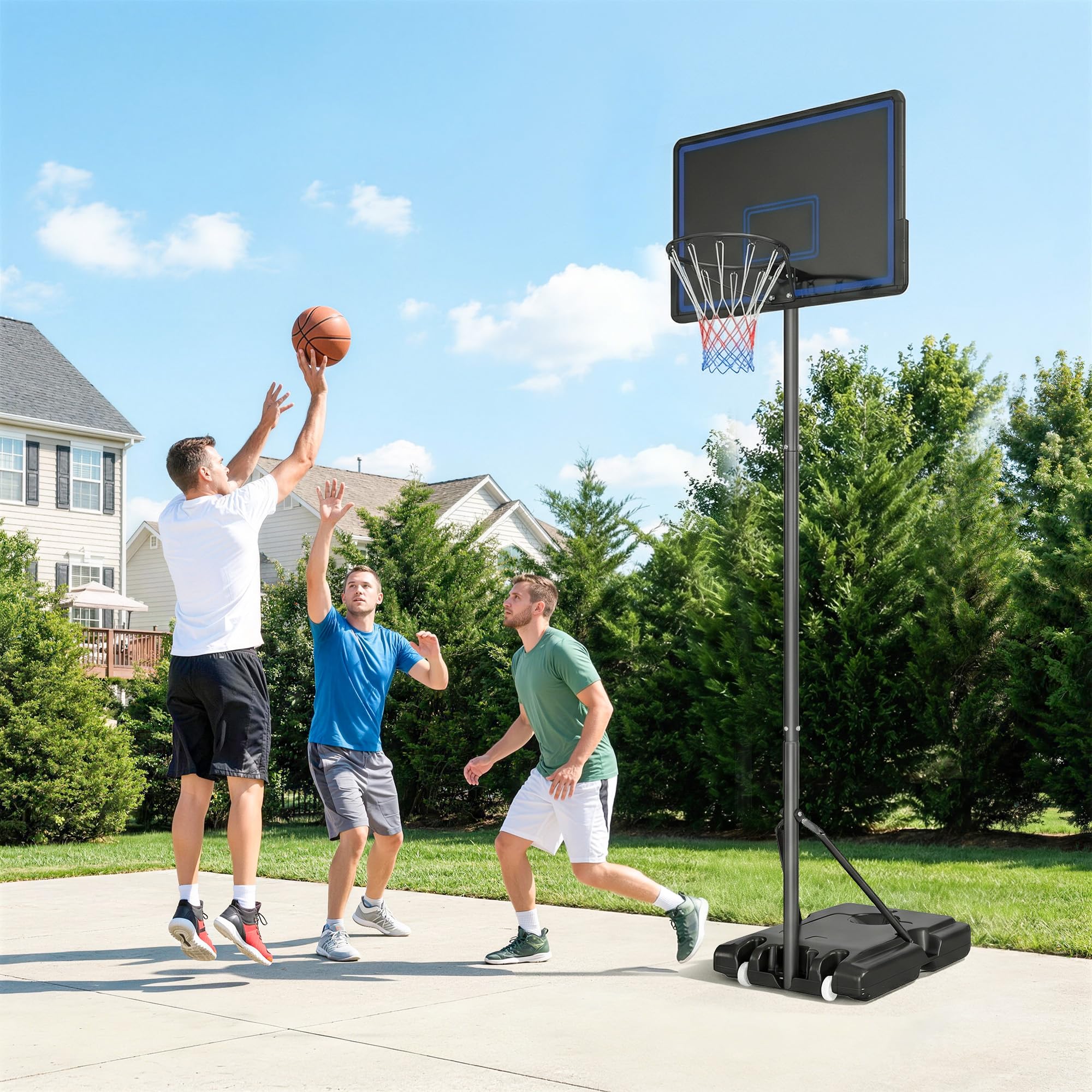 SPORTNOW Panier de Basketball sur Pieds avec Hauteur Réglable de 1,35 à 3,05 m, Panier de Basket Extérieur Portable avec Roues, Panneau Arrière en PE, Base de Lestage et Sac de Sable, Bleu