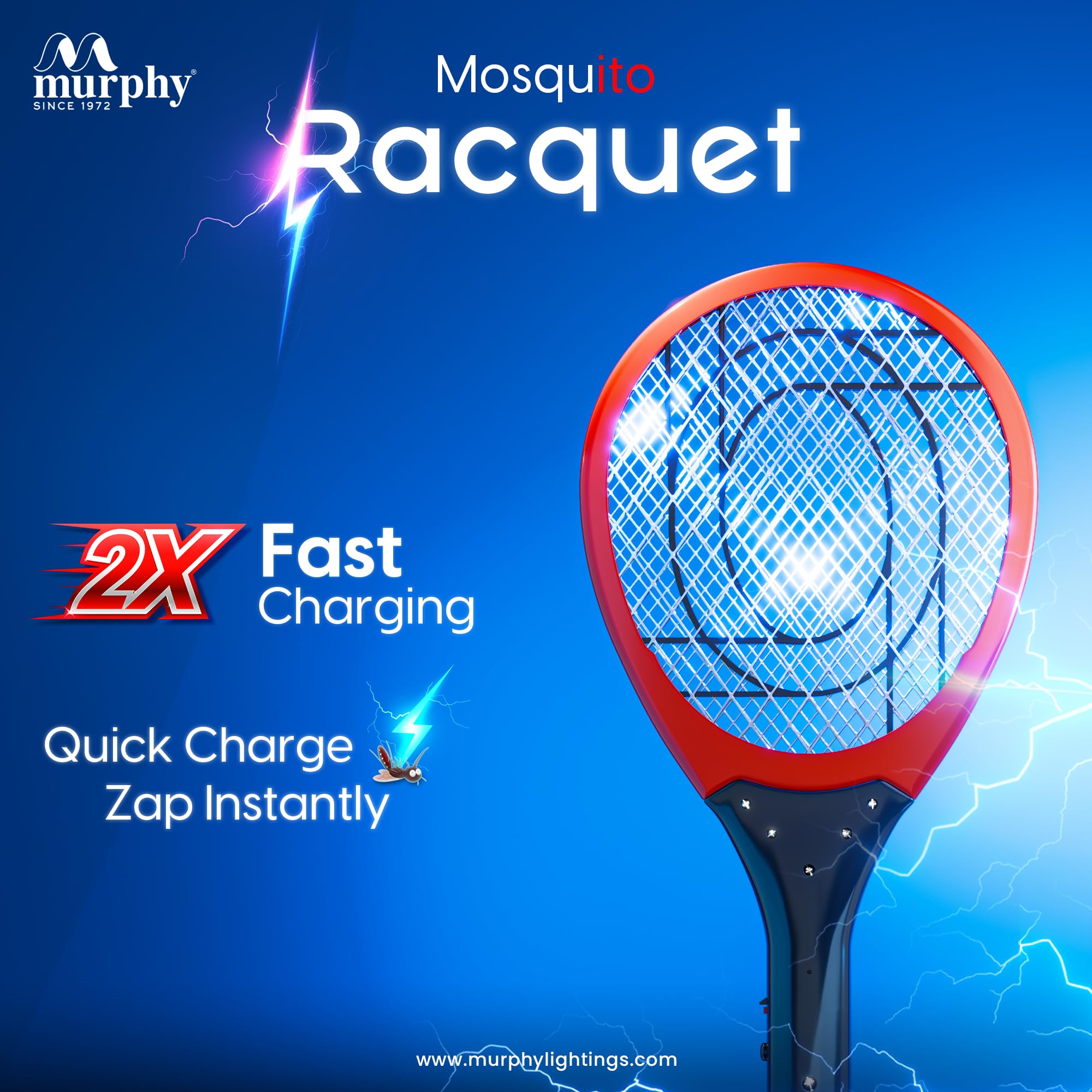 Murphy PowerZap Mosquito Killer Bat | Fast-Charge Rechargeable Electric Racket with LED Light | Instant Kill, Long Battery, 6-Month Warranty | Made in India 1