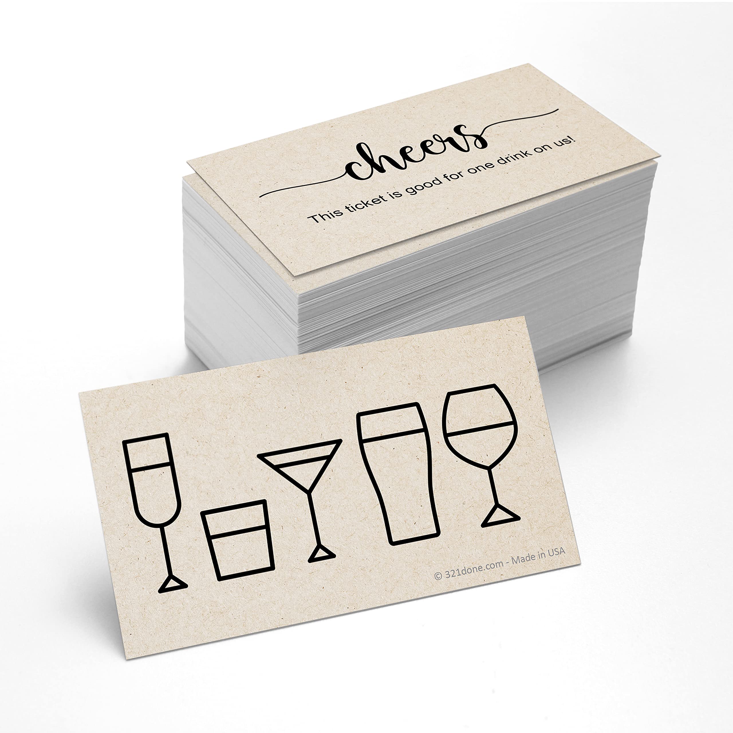 321Done Drink Ticket Tan, 3.5x2 (100 Pack) Made in USA, Cute Simple Cocktail Design, Free Drink on Us Coupon for Weddings, Work Corporate Events,