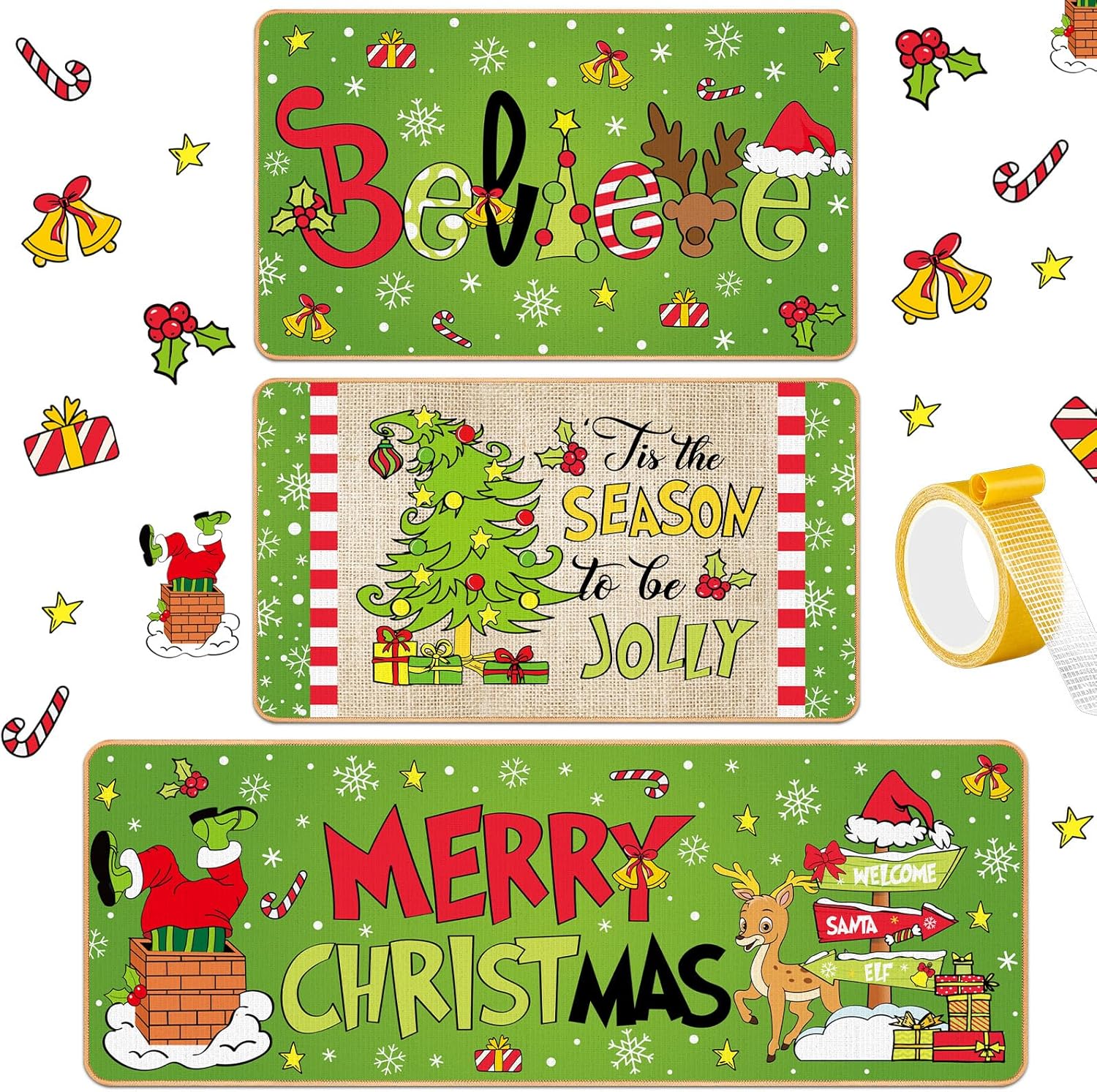 3 Pcs Christmas Kitchen Rug and Mat Washable Lime Green Kitchen Floor Mat Non Slip Doormat Waterproof Rugs and Mats Farmhouse Holiday Decor for Home Floor Office Bathroom Party Decor Green Christmas