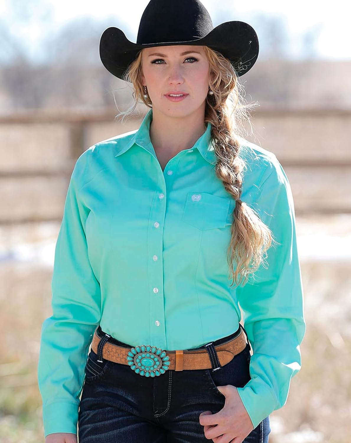 UTOWO Western Cowgirl Belt for Women,Vintage Engraved Tooled Leather Belt Turquoise Cowboy Country Belt - Image 4