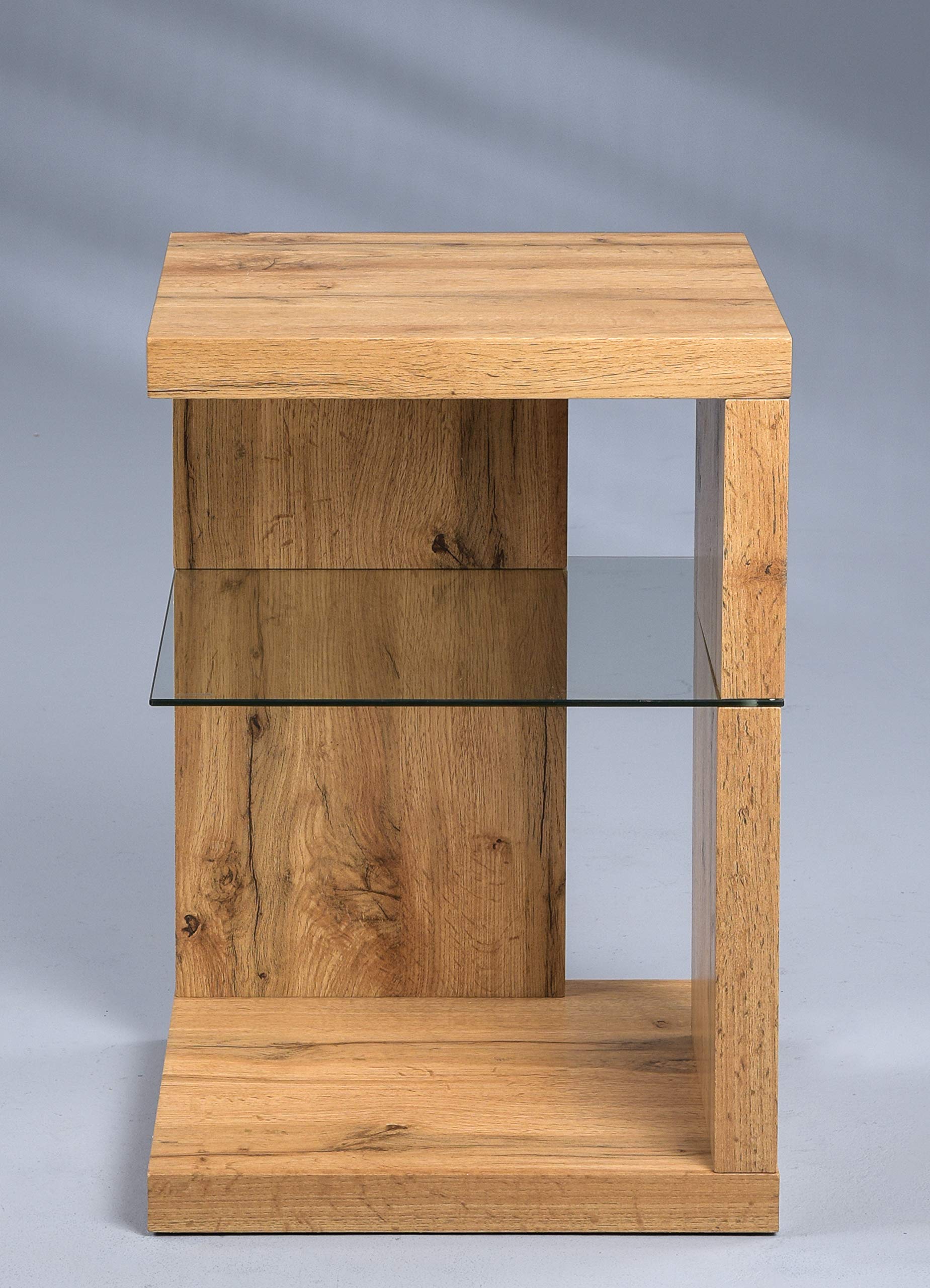 M2 Kollektion Domingo - Tavolino/comodino, in MDF, vetro di sicurezza, in rovere selvatico, 40 x 40 x 60 cm