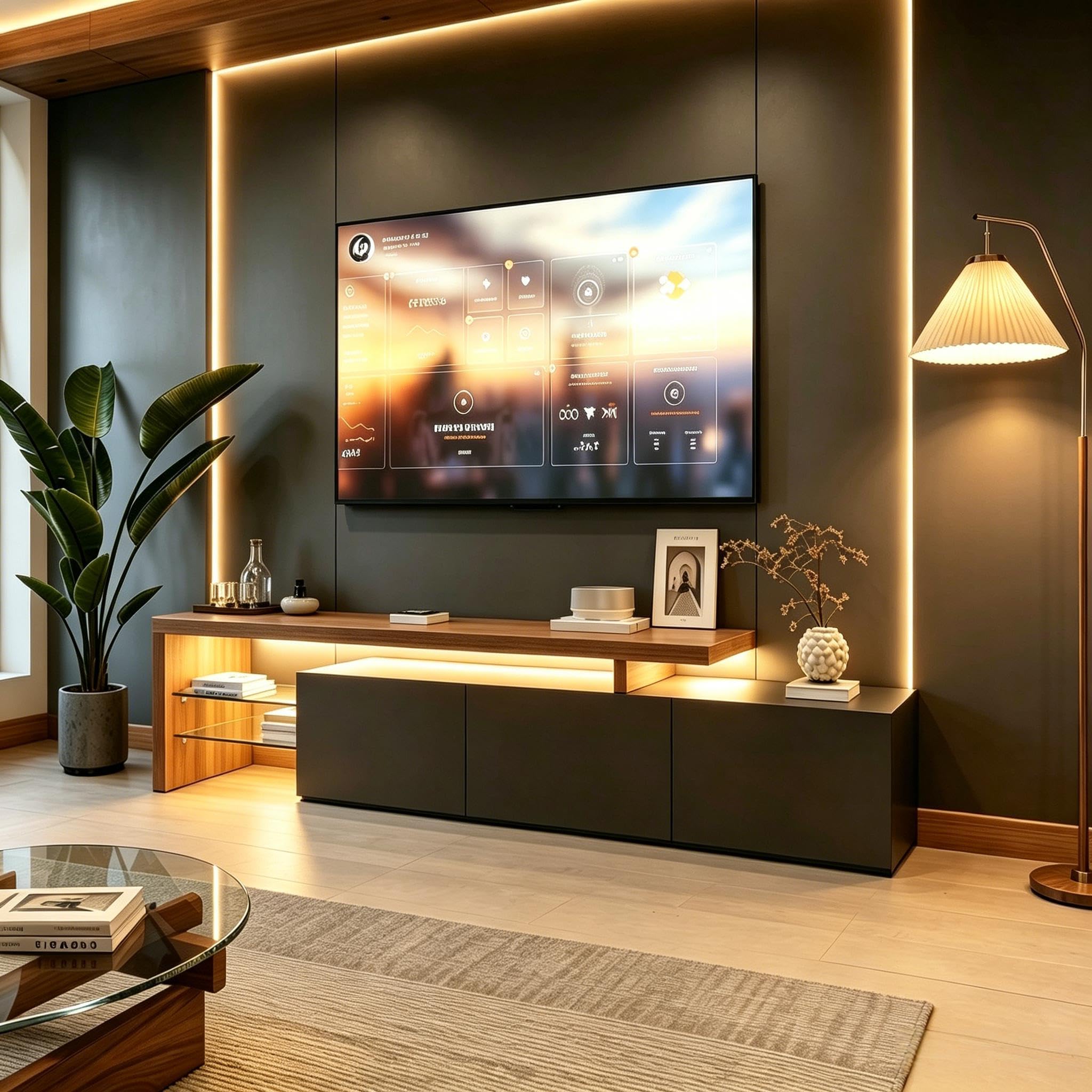 Mueble de TV Modular con Iluminación LED, Mueble de TV Moderno con 3 Puertas y 2 Estantes Abiertos de Vidrio, Mueble Bajo para TV Armario de Almacenamiento Elegante para Salón (Negro-3, 200x39x42)
