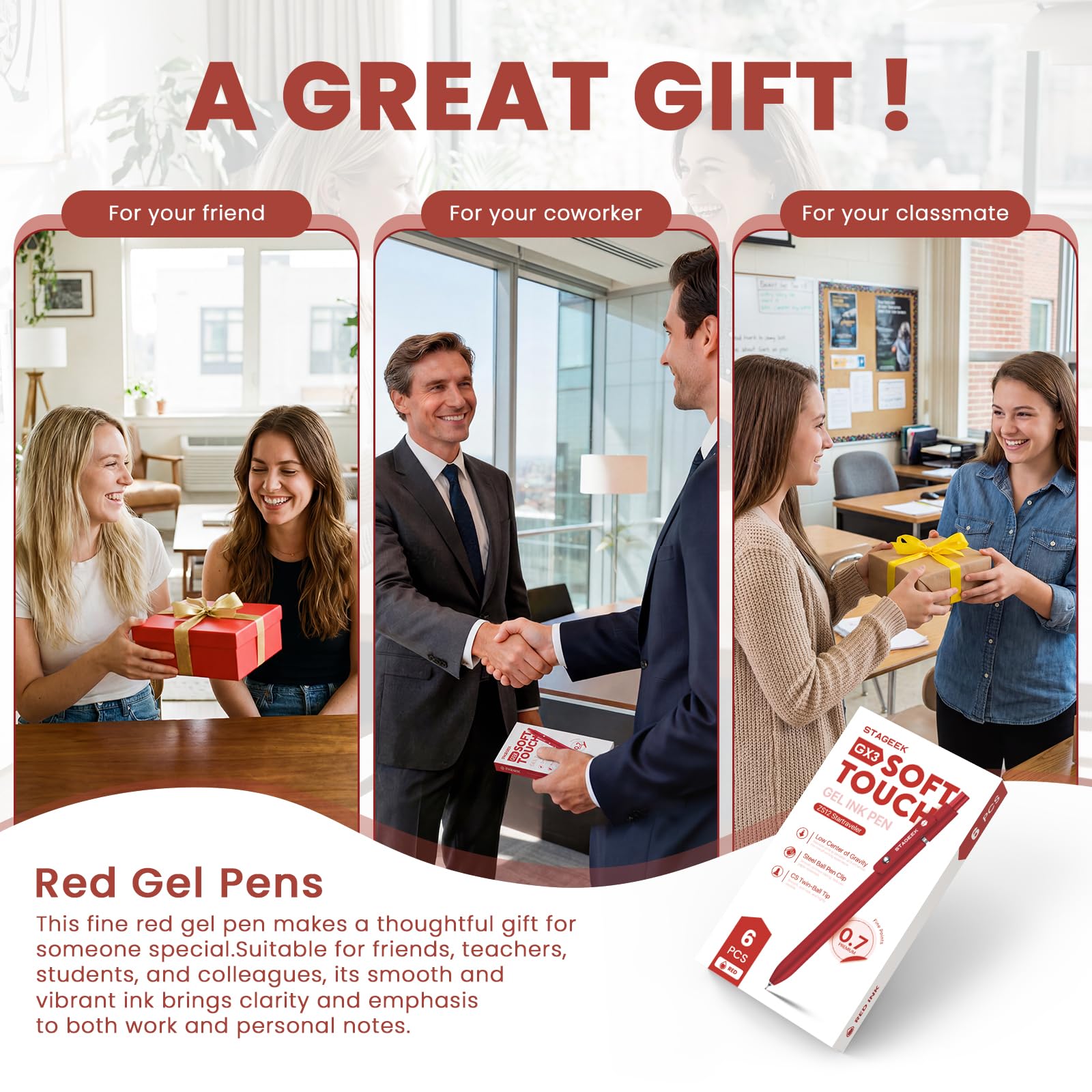 Red Gel Pens 6Pcs Quick Dry Red Ink Pens with 3 Extra Refills Fine Point Retractable Smooth Writing — view 7