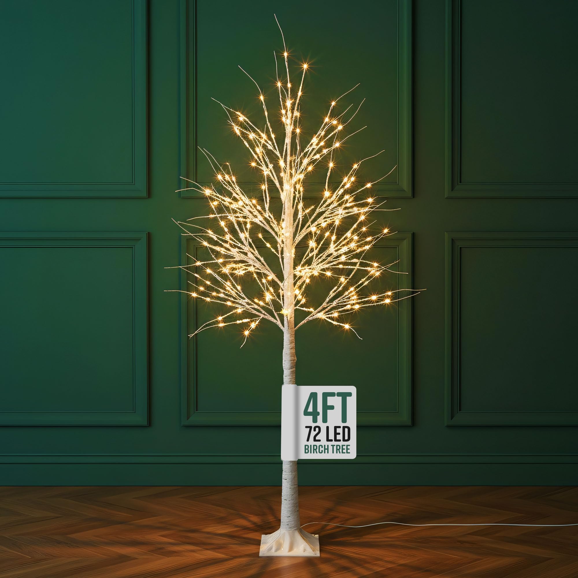 GloBrite 4ft Pre-Lit Twig Christmas Tree with 72 Warm White LEDs - White Birch Design, Bendable Branches, Indoor & Outdoor Christmas Decorations