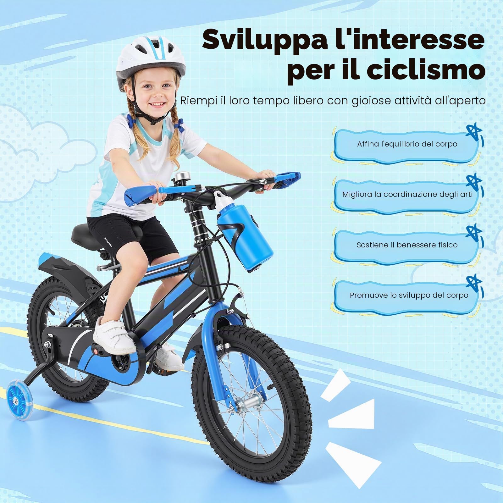 Bici da bambino da 14 pollici per bambini dai 3 ai 7 anni, bicicletta per bambini regolabile con rotelle e bottiglia, portata 60 kg