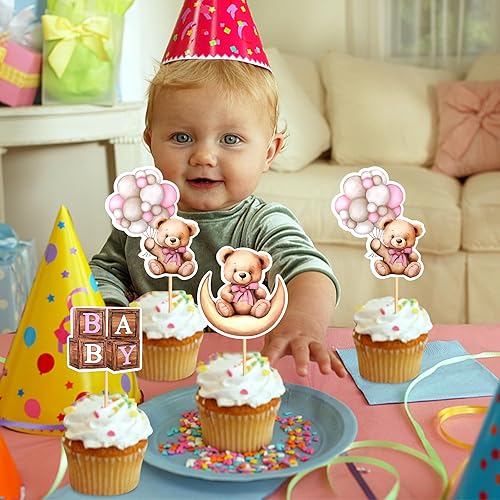 Miniatura 10 de 24 piezas con texto en inglés We Can Bearly Wait Cupcake Toppers Sparkling Balloon Bear Cupcake Toppers Little Bear Theme Baby Shower Suministros