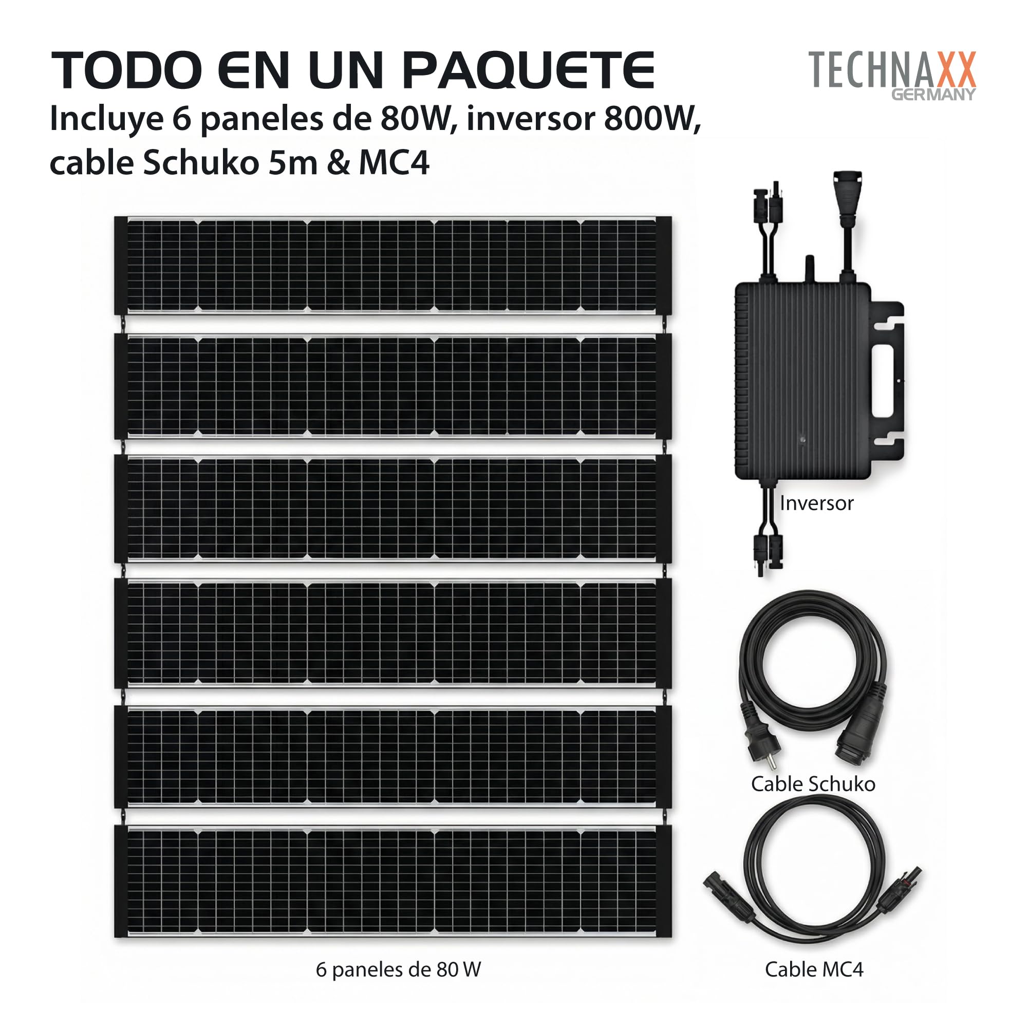 Technaxx TX-356 Valla solar bifacial 480W – Kit completo con 6x 80W paneles solares PERC monocristalinos, inversor 800W & cable Schuko – Privacidad & energía solar – Eficiencia 17,5%